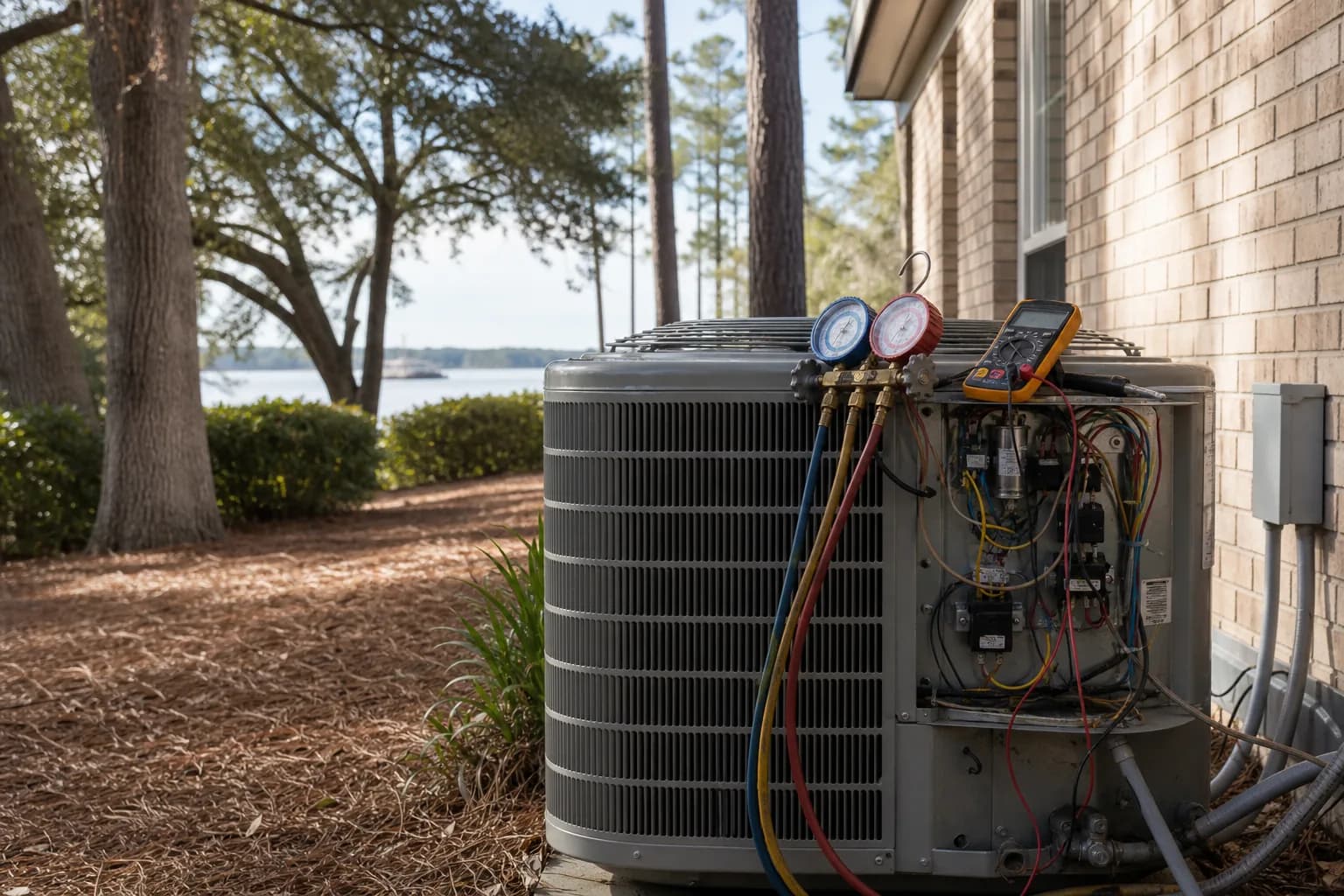 Air Solutions technician diagnosing a residential air-conditioning condenser at a Daphne, Alabama home, illustrating "AC Blowing Warm Air: Causes & Fixes"