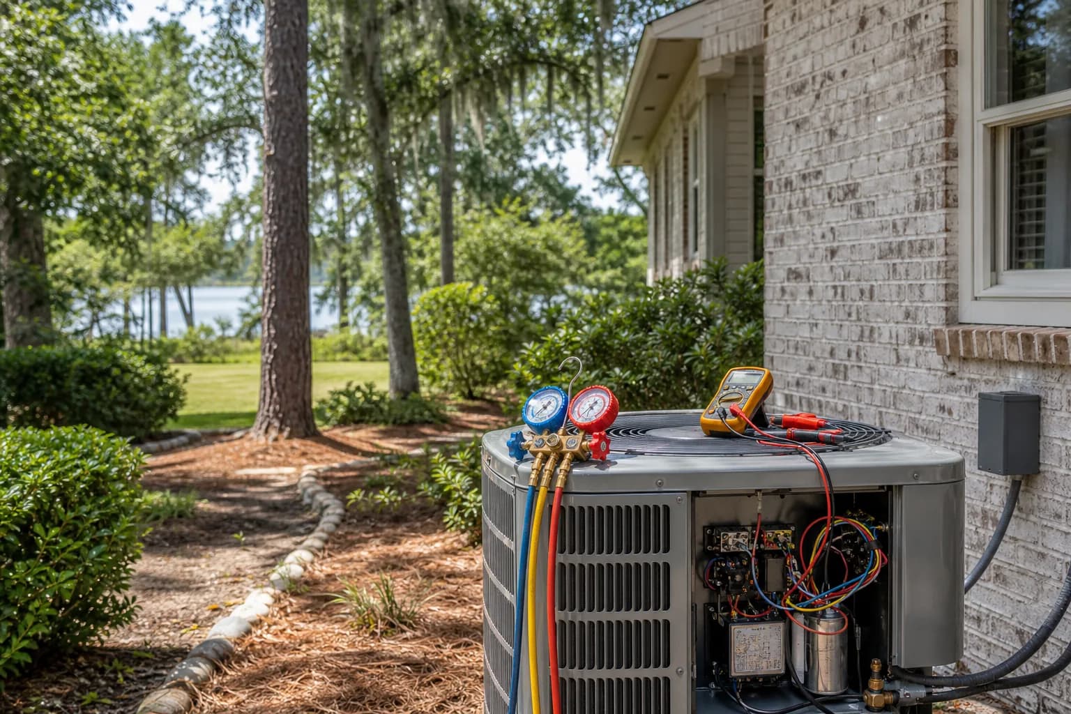 Air Solutions technician diagnosing a residential air-conditioning condenser at a Daphne, Alabama home, illustrating "AC Capacitor Failure: The Most Common Summer No-Cool Repair"