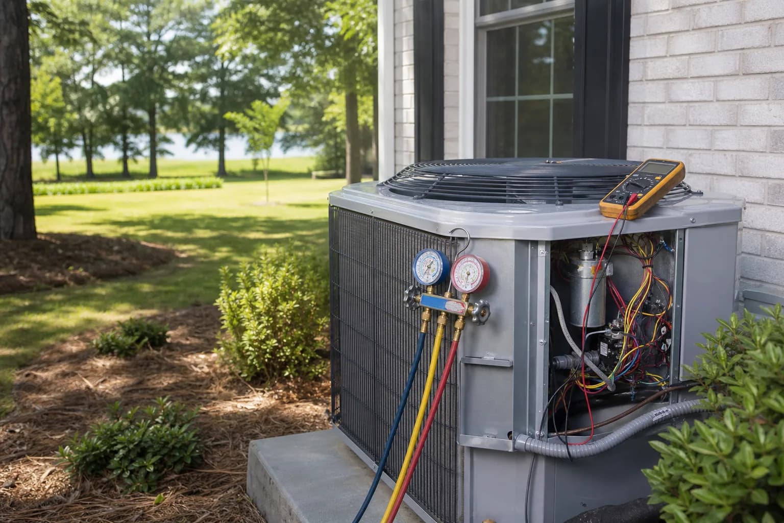 Air Solutions technician diagnosing a residential air-conditioning condenser at a Foley, Alabama home, illustrating "AC Capacitor Failure: The Most Common Summer HVAC Repair"