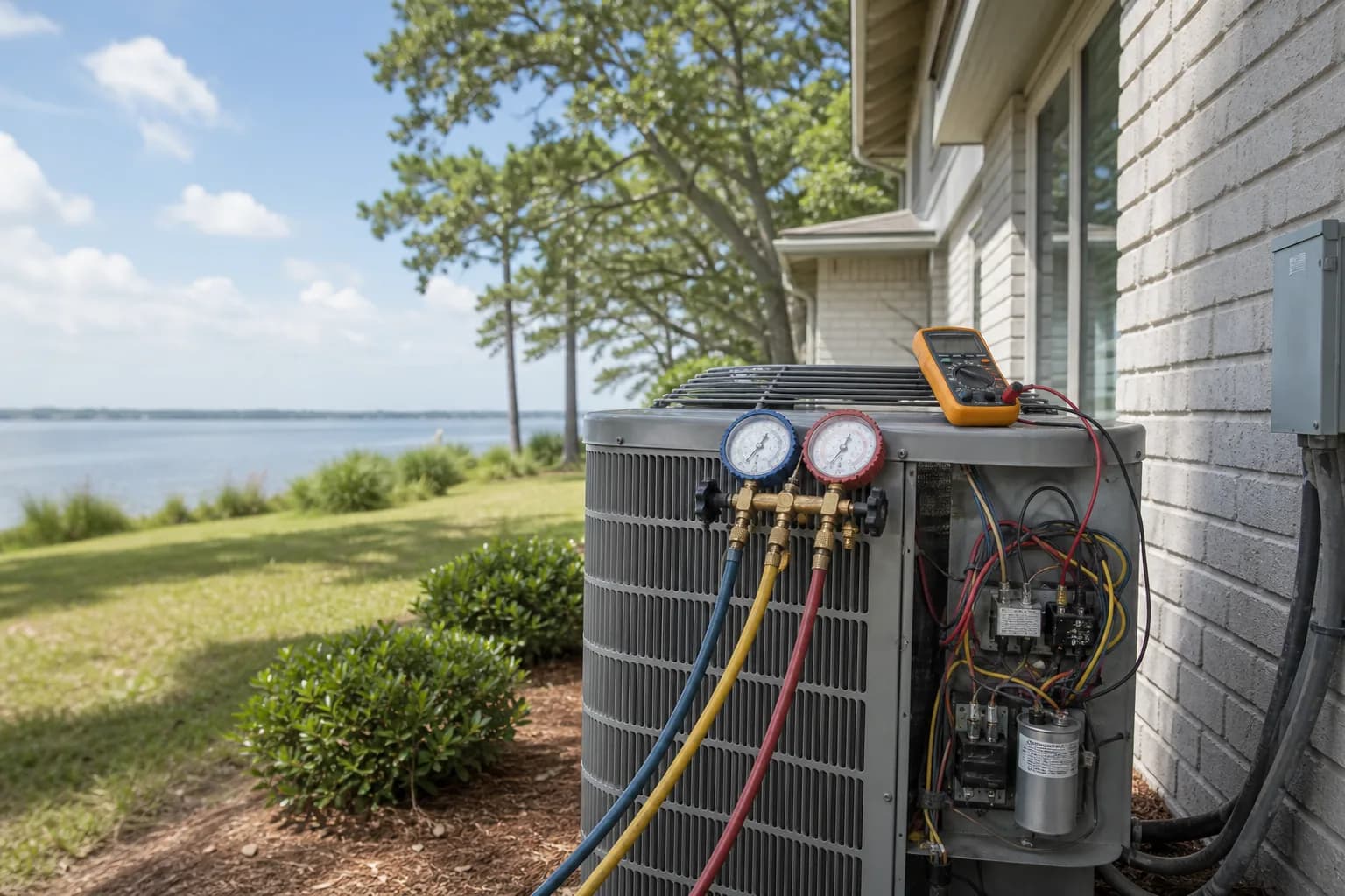 Air Solutions technician diagnosing a residential air-conditioning condenser at a Gulf Shores, Alabama home, illustrating "AC Capacitor Failure: Why Summer Heat Kills Them"