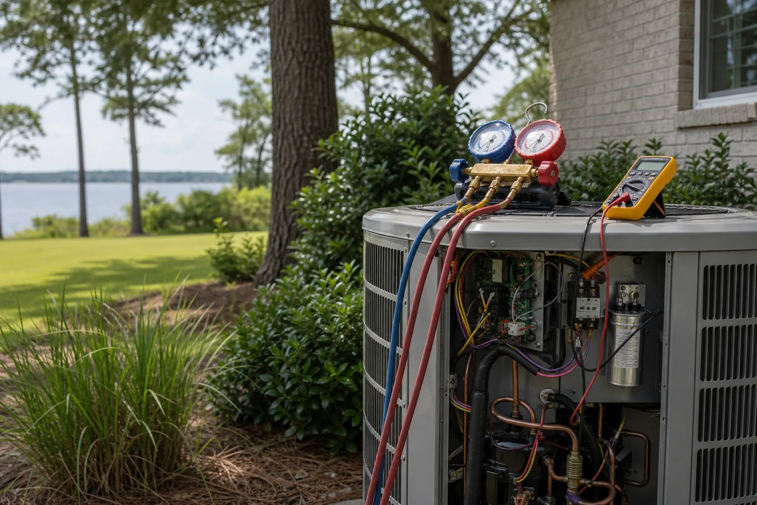 Air Solutions technician diagnosing a residential air-conditioning condenser at a Spanish Fort, Alabama home, illustrating "AC Compressor Hard Starts Heat: Diagnosis and Fix"