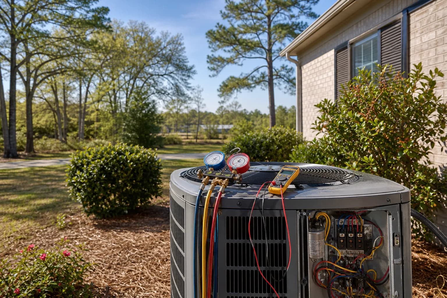 Air Solutions technician diagnosing a residential air-conditioning condenser at a Loxley, Alabama home, illustrating "AC Drain Line Clogs in Humid : Causes, Fixes, and Prevention"