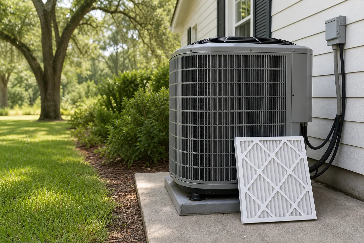 Spanish Fort homeowner checking a thermostat and outdoor AC condenser during a hot, humid Eastern Shore summer afternoon.