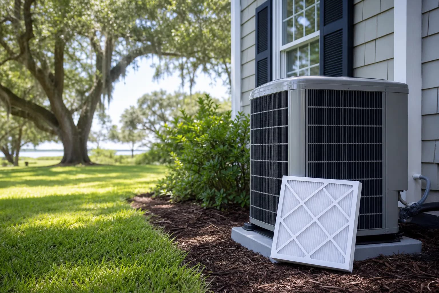 Outdoor AC condenser showing salt-air corrosion on the fins of a home near Mobile Bay in Spanish Fort, Alabama