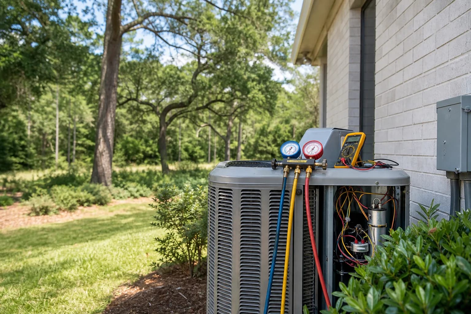 Air Solutions technician diagnosing a residential air-conditioning condenser at a Magnolia Springs, Alabama home, illustrating "AC Short-Cycling: Causes, Costs, and the Right Fix"