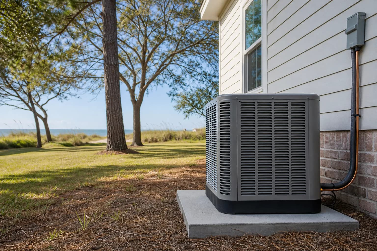 Air Solutions technician setting a new outdoor AC condenser on its pad at a Gulf Shores, Alabama home, illustrating "AC Unit Lifespan on the Gulf Coast"