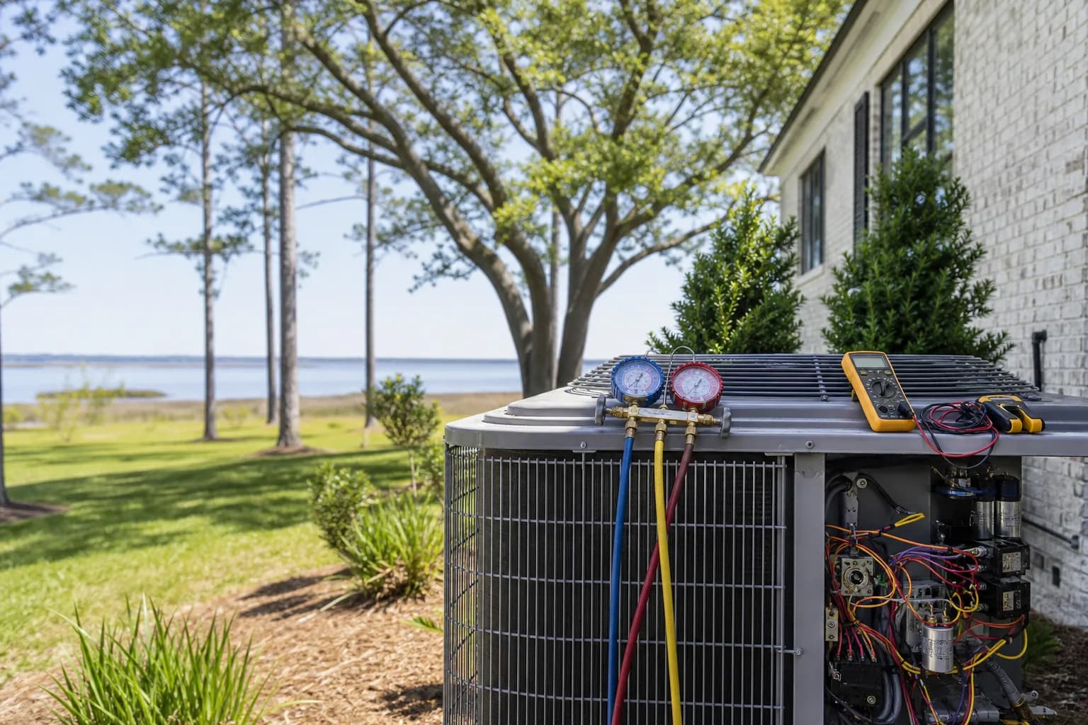 Air Solutions technician diagnosing a residential air-conditioning condenser at a Fairhope, Alabama home, illustrating "AC Won't Turn On After Winter? A Spring Startup Diagnostic"