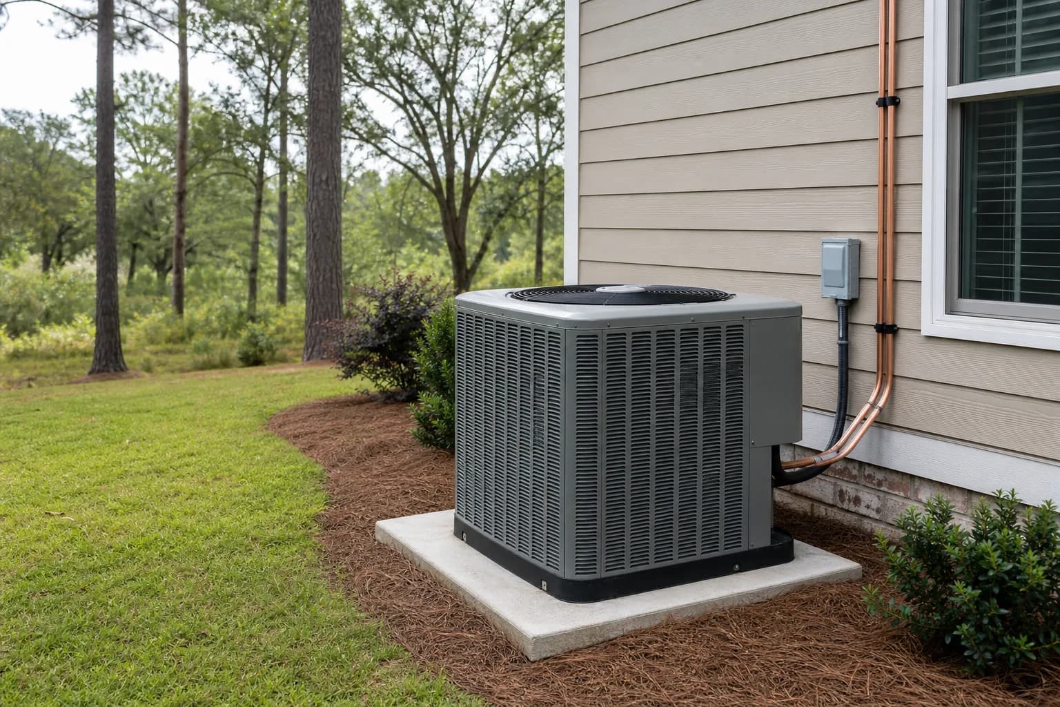 Air Solutions technician setting a new outdoor AC condenser on its pad at a Daphne, Alabama home, illustrating "AC Zoning and Multi-Zone HVAC: When It's Worth It in Baldwin County"