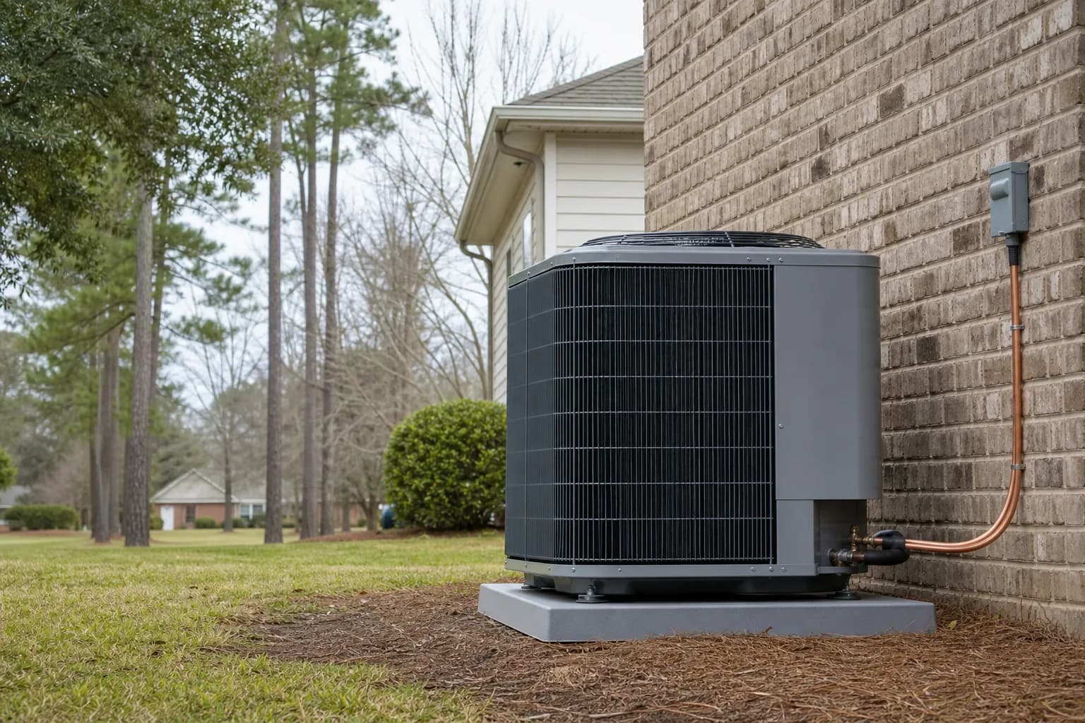 Air Solutions technician setting a new outdoor AC condenser on its pad at a Foley, Alabama home, illustrating "AHRI-Matched AC Components: Why Installers Insist On Them"