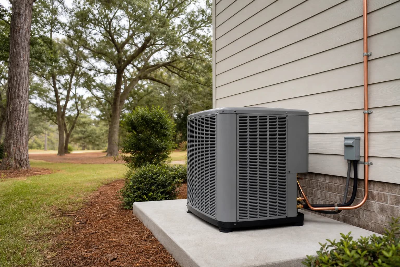 Air Solutions technician setting a new outdoor AC condenser on its pad at a Daphne, Alabama home, illustrating "The 25C Heat Pump Tax Credit Ended After 2025: What Alabama Homeowners Should Know"