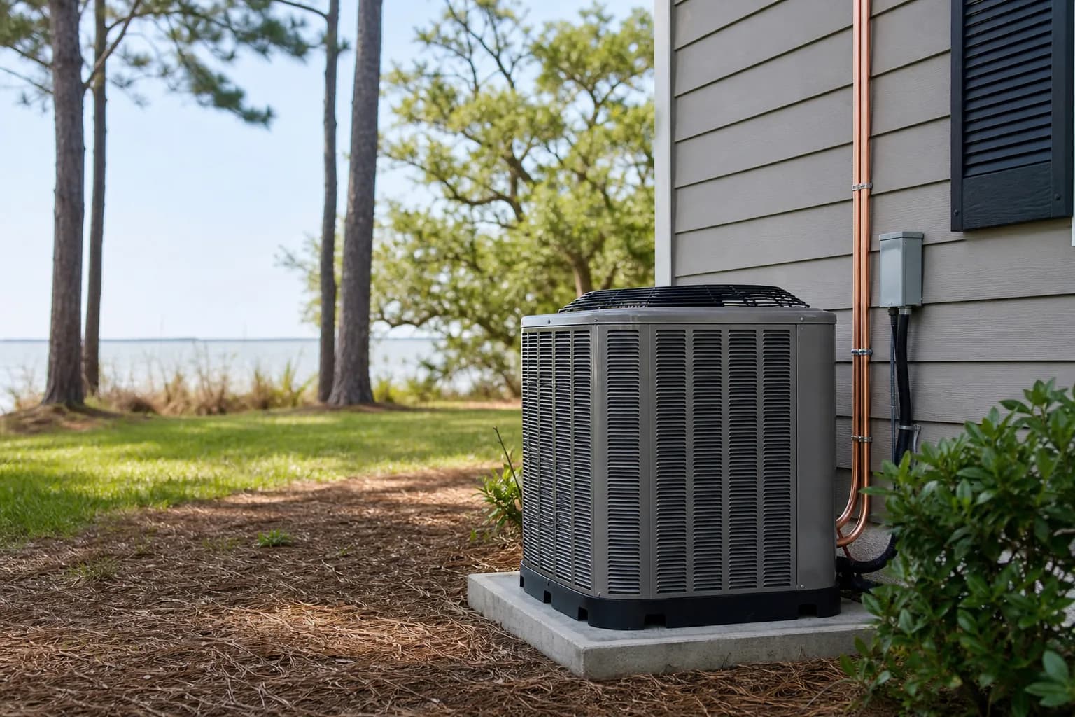 Air Solutions technician setting a new outdoor AC condenser on its pad at a Gulf Shores, Alabama home, illustrating "April HVAC Quotes: How to Spot the Padding"