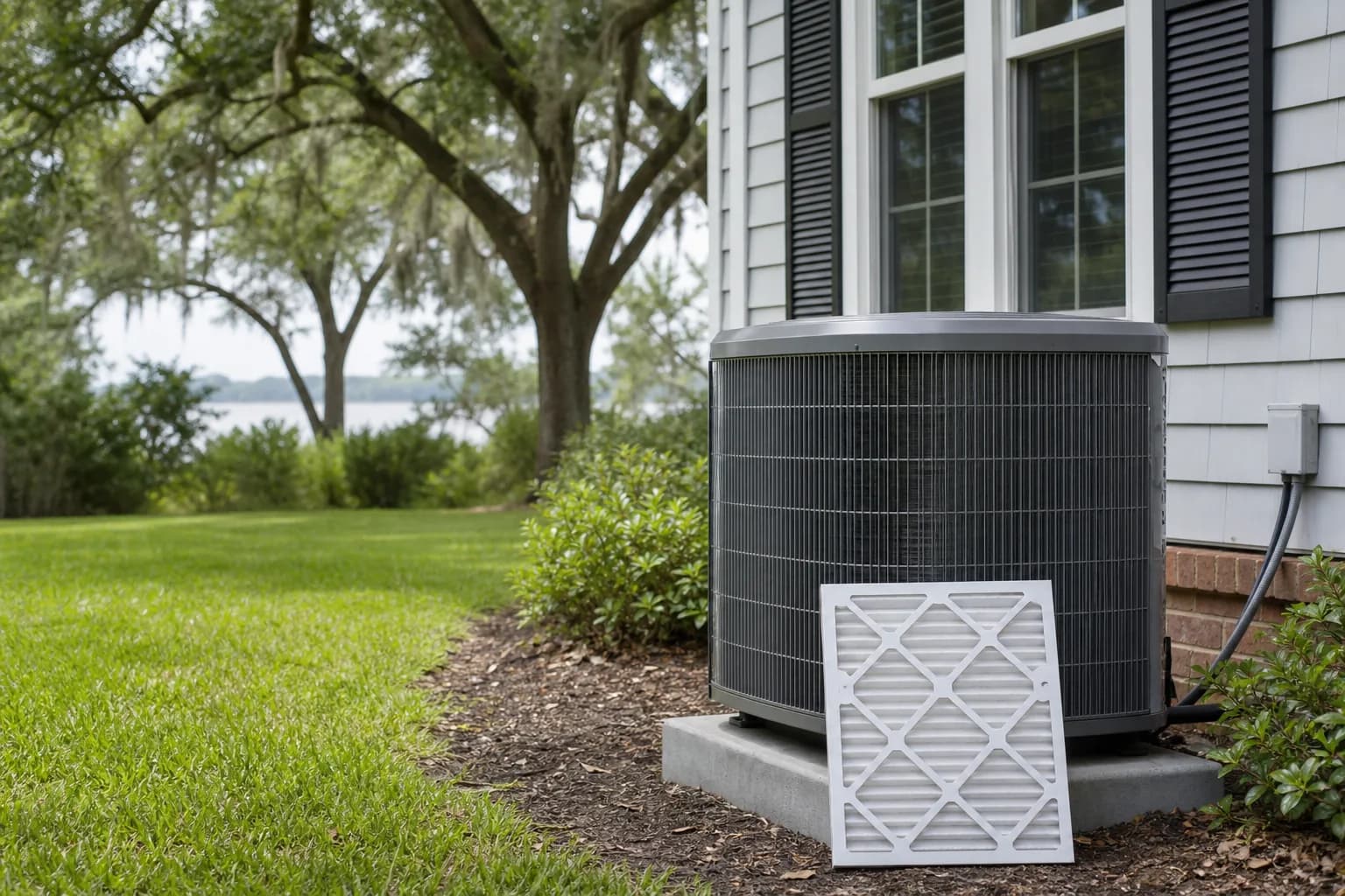 Outdoor heat pump unit installed beside a Spanish Fort home on Alabama's Eastern Shore