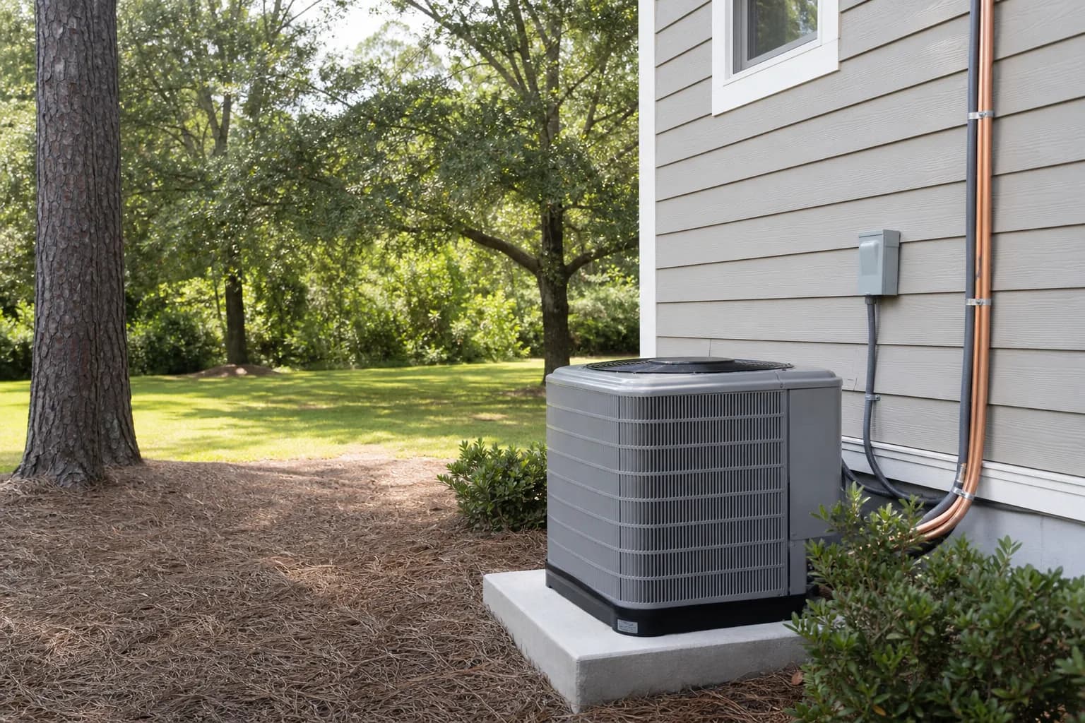 Air Solutions technician setting a new outdoor AC condenser on its pad at a Lillian, Alabama home, illustrating "Best Smart Thermostats Households: 2026 Picks"