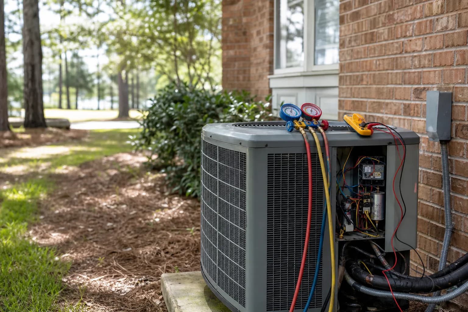 Air Solutions technician diagnosing a residential air-conditioning condenser at a Fairhope, Alabama home, illustrating "Buying an Older Coast Home: HVAC Due Diligence Checklist"