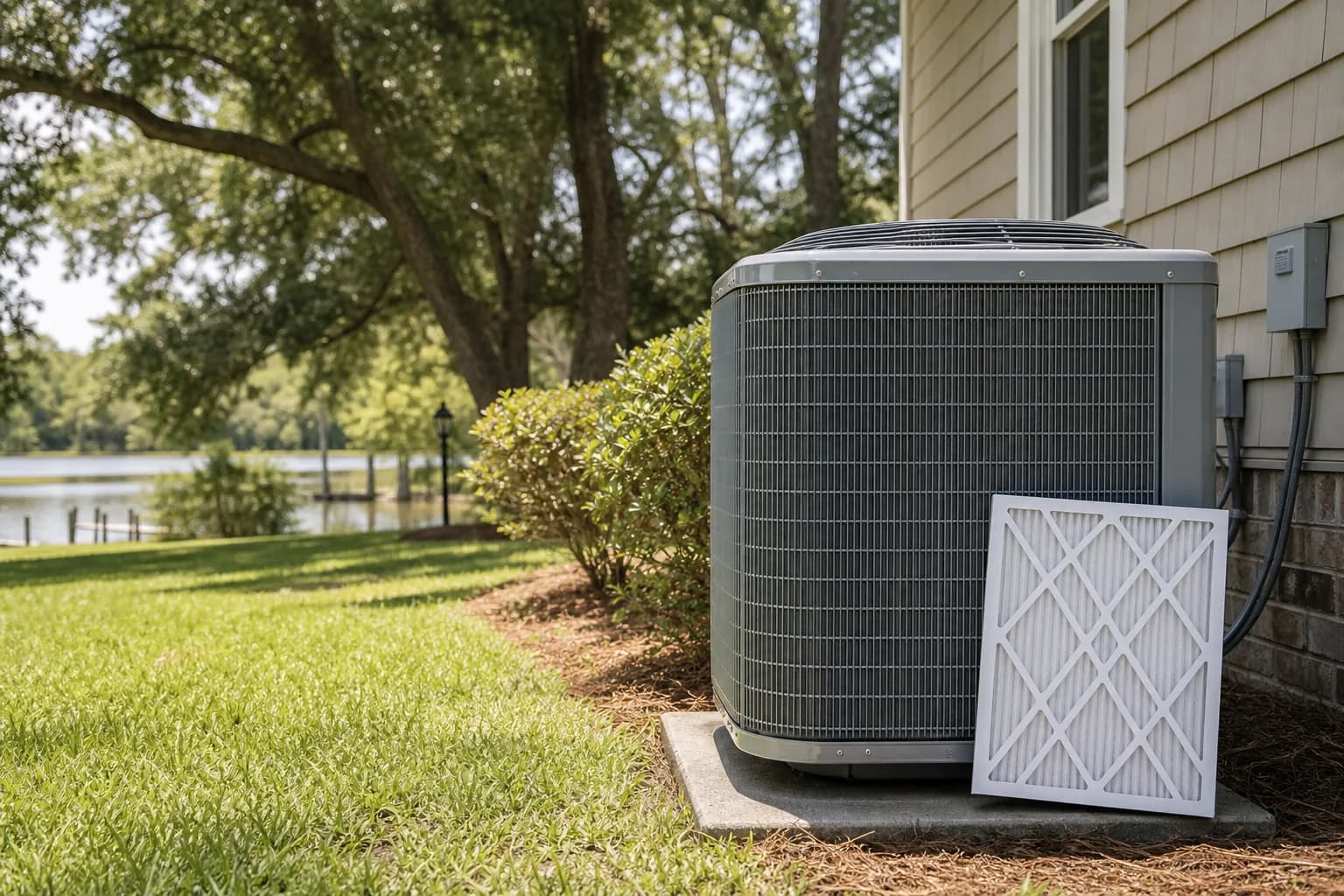 A new-construction home in a Spanish Fort subdivision with the outdoor HVAC condenser sitting on a concrete pad next to the foundation.