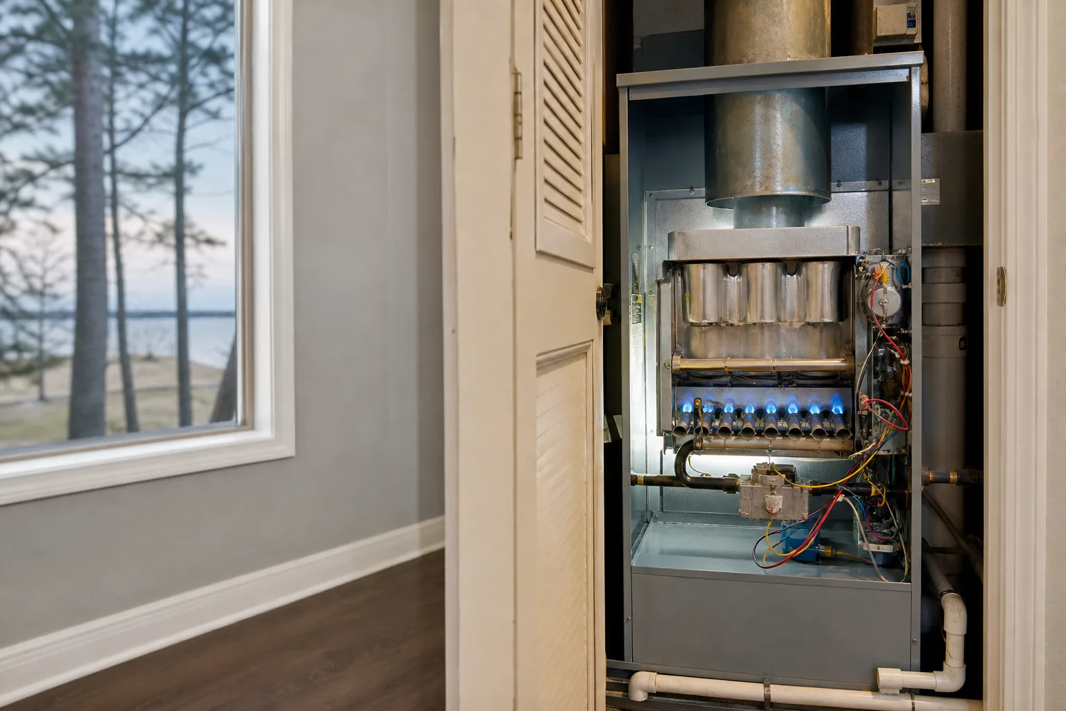 Air Solutions technician inspecting an open residential gas furnace at a Daphne, Alabama home, illustrating "Carbon Monoxide and Your Furnace: A Homeowner's Detection and Prevention Guide"
