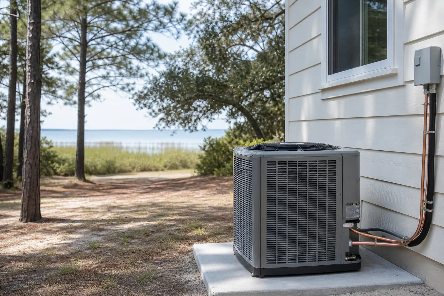 Air Solutions technician setting a new outdoor AC condenser on its pad at a Orange Beach, Alabama home, illustrating "Choosing the Right AC Size for Your Home: Manu J Explained"
