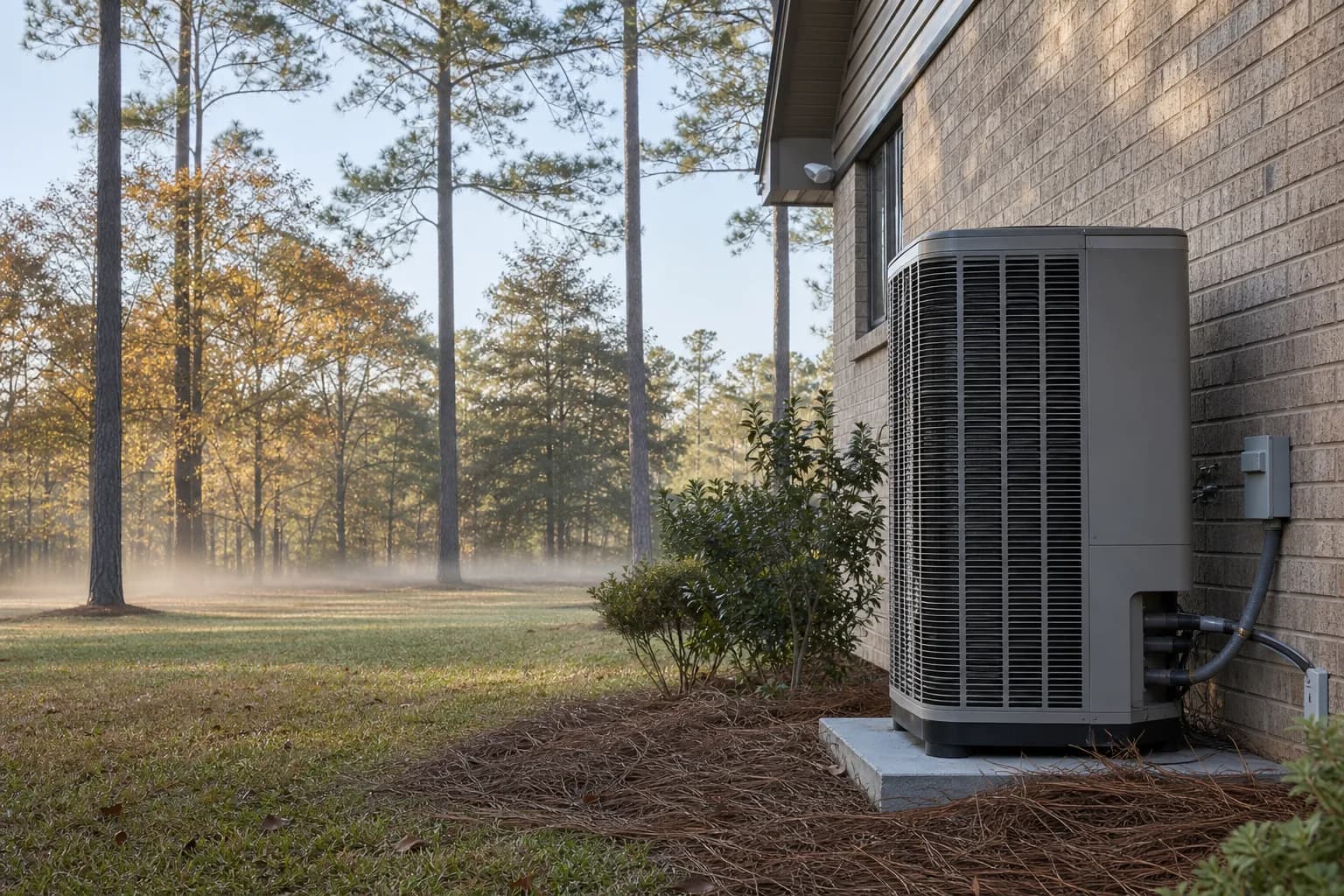 Air Solutions technician servicing an outdoor heat-pump unit at a Robertsdale, Alabama home, illustrating "Cold-Climate Heat Pump Models: 2026 Buyer's Picks"