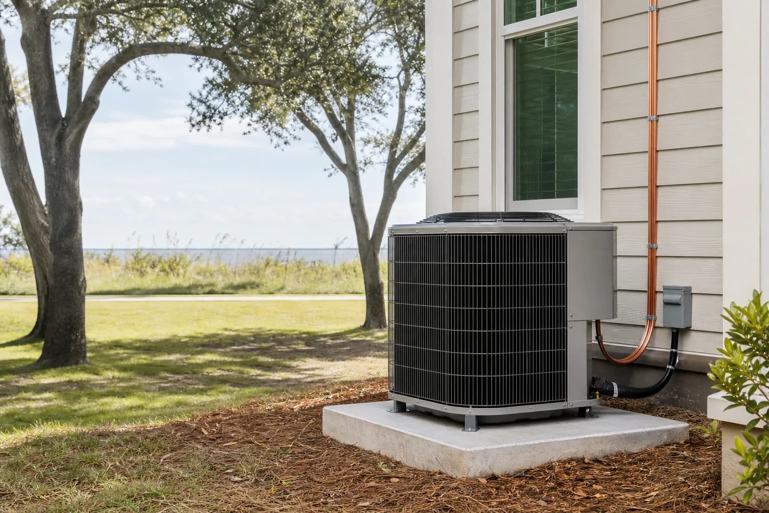 Air Solutions technician setting a new outdoor AC condenser on its pad at a Orange Beach, Alabama home, illustrating "Condo HOA HVAC Rules: What and Gulf Shores Owners Need to Know"
