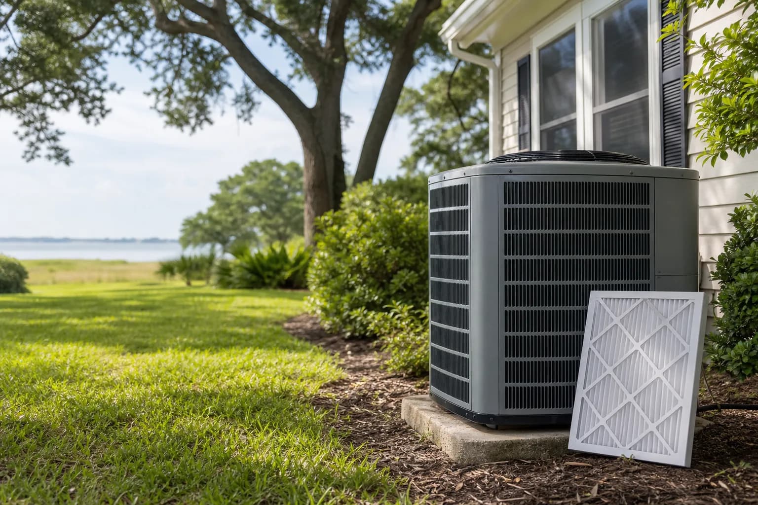 Air Solutions Pros technician installing a new outdoor AC condenser at a Spanish Fort home with permit paperwork on a clipboard nearby.