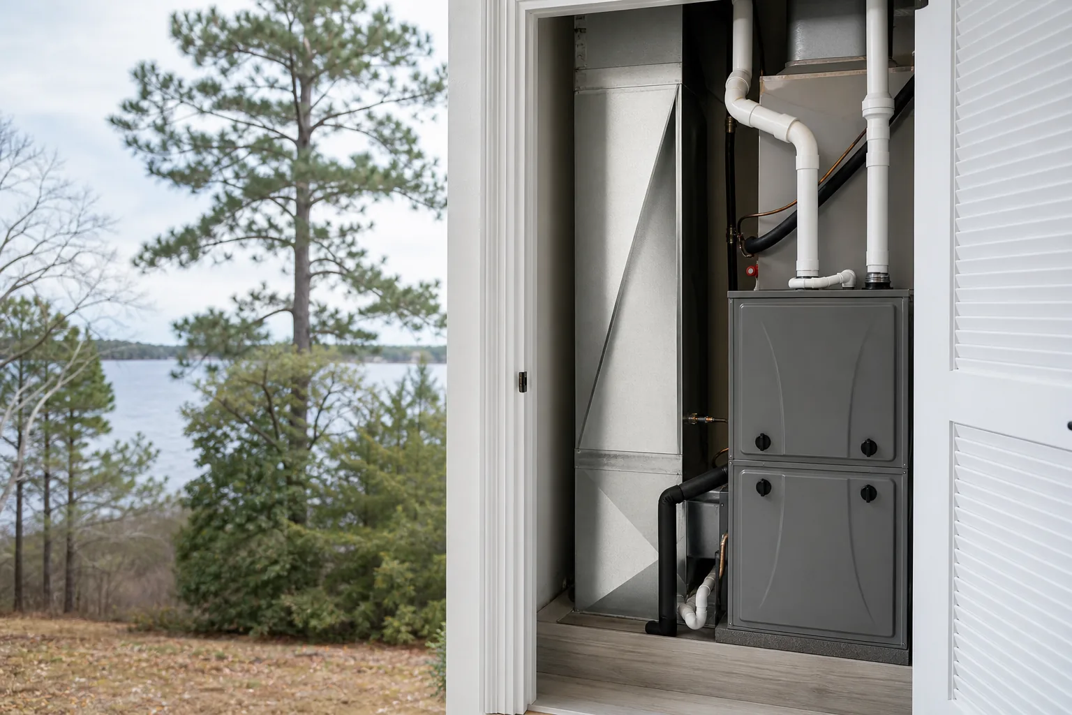 Air Solutions technician installing a new gas furnace and air handler at a Perdido, Alabama home, illustrating "Du-Fuel Systems Homes: Pairing a Heat Pump With a Furnace"