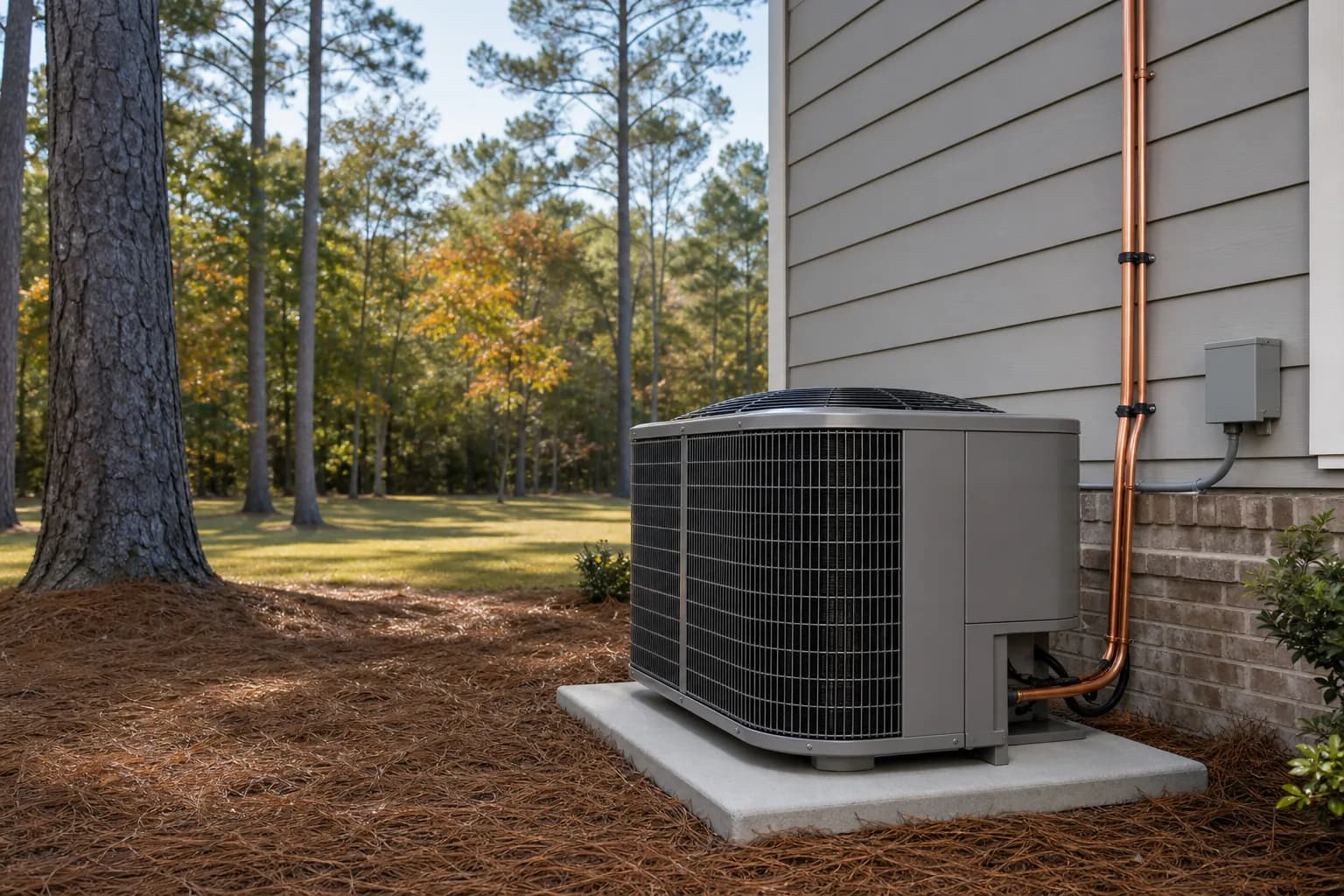 Air Solutions technician setting a new outdoor AC condenser on its pad at a Bay Minette, Alabama home, illustrating "Fall AC Replacement: Why It's the Smart Buying Window"