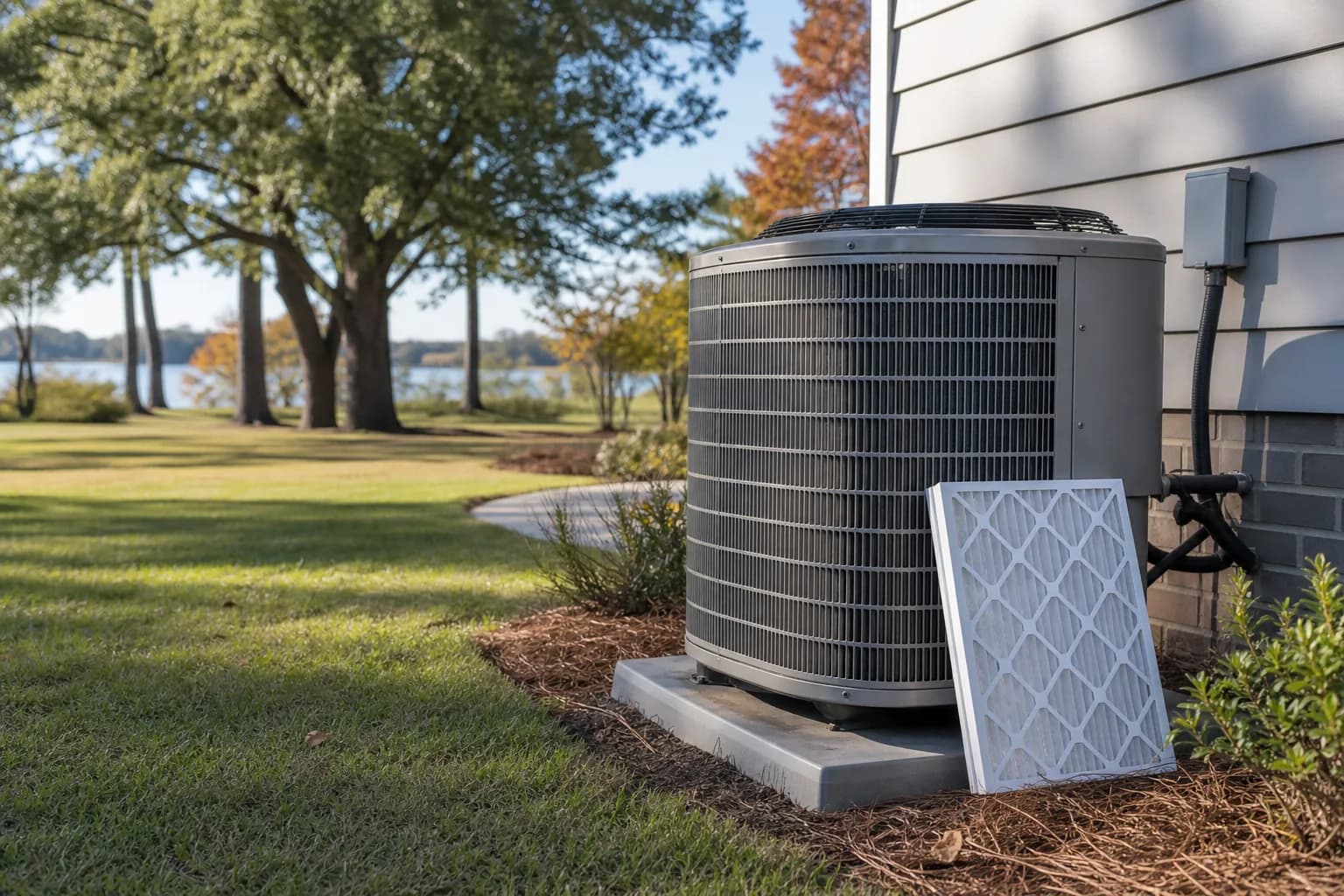 Air Solutions technician tuning up a residential AC condenser at a Daphne, Alabama home, illustrating "Fall HVAC Tune-Up: Catch a Weak Heat Pump Before the First Cold Snap"