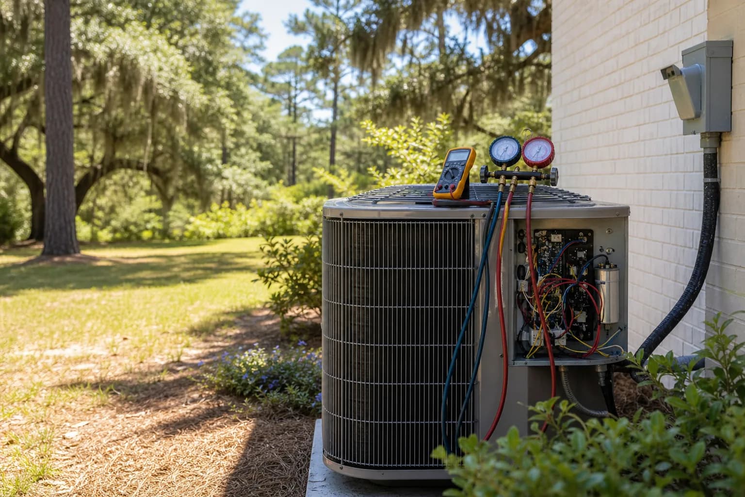 Air Solutions technician diagnosing a residential air-conditioning condenser at a Elberta, Alabama home, illustrating "Frozen Evaporator Coil: Why It Happens in 95° Weather"