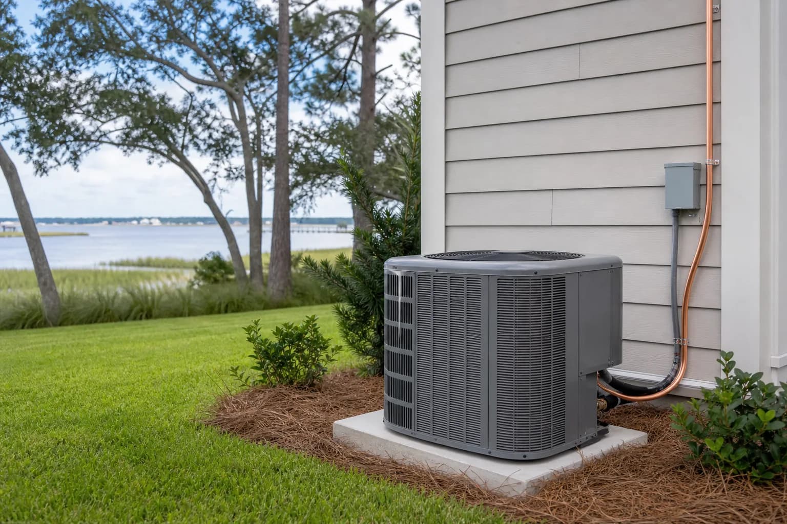Air Solutions technician setting a new outdoor AC condenser on its pad at a Gulf Shores, Alabama home, illustrating "Generator Backup for HVAC: Sizing for Baldwin County Hurricane Season"