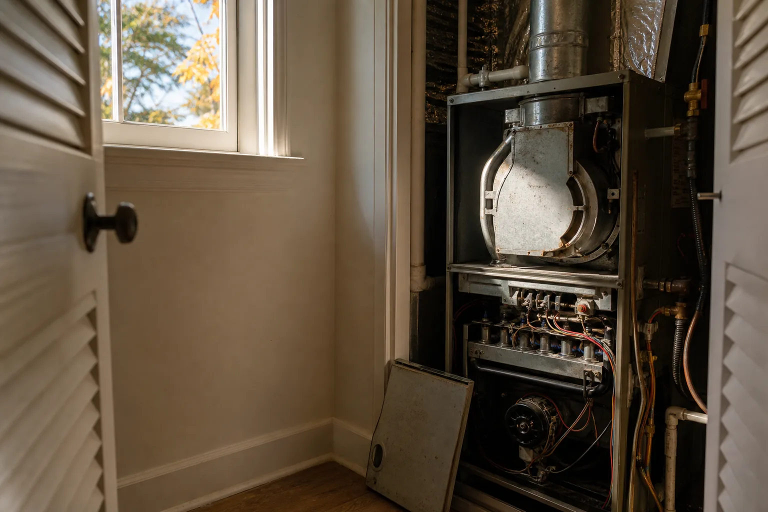 Air Solutions technician inspecting an open residential gas furnace at a Fairhope, Alabama home, illustrating "The First Fire of Fall in a Home: Heating an Old Bluff House Through the Halloween Cool-Down"