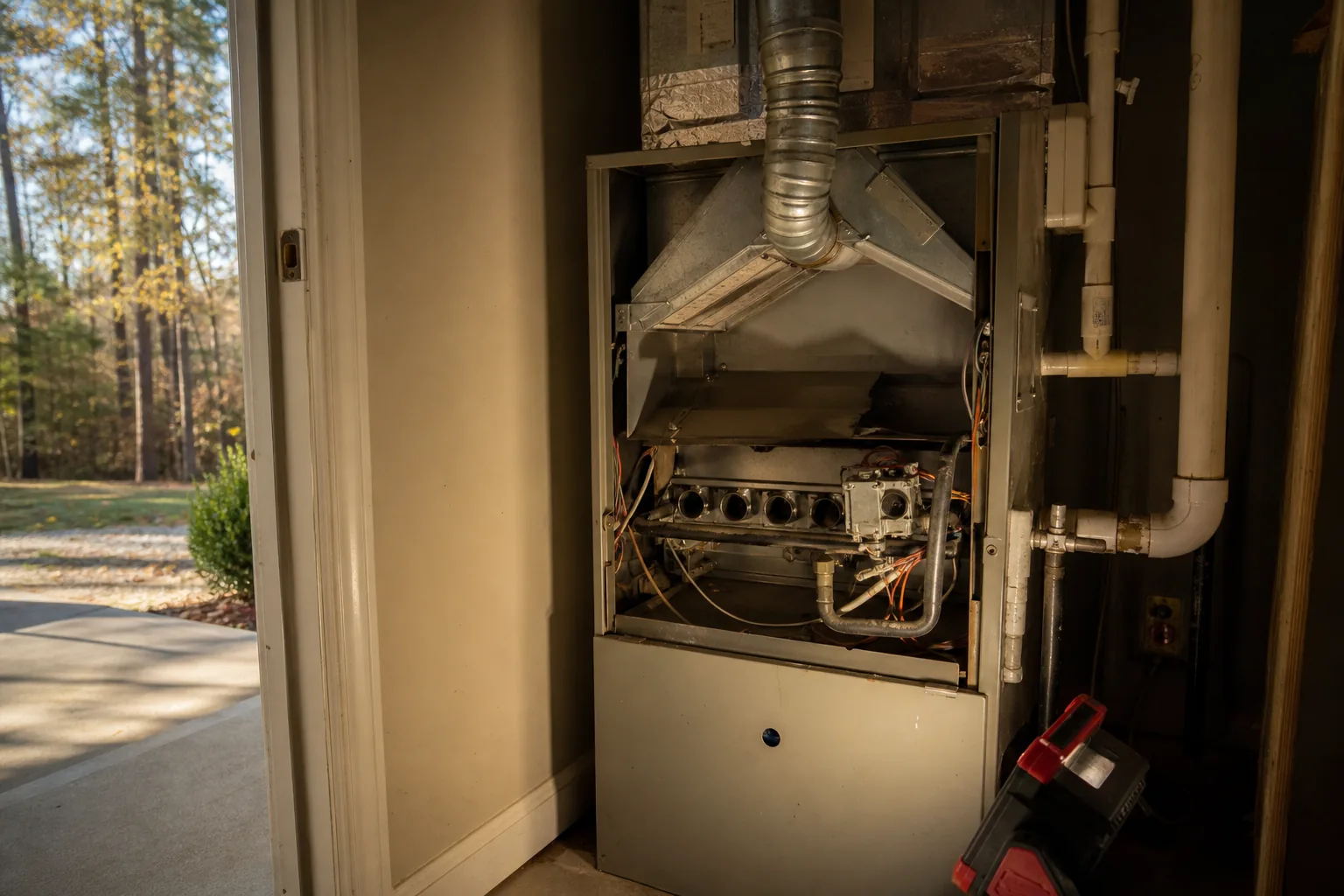 Air Solutions technician inspecting an open residential gas furnace at a Silverhill, Alabama home, illustrating "Furnaces and the First Honest Cold: A Late-October Readiness Check"