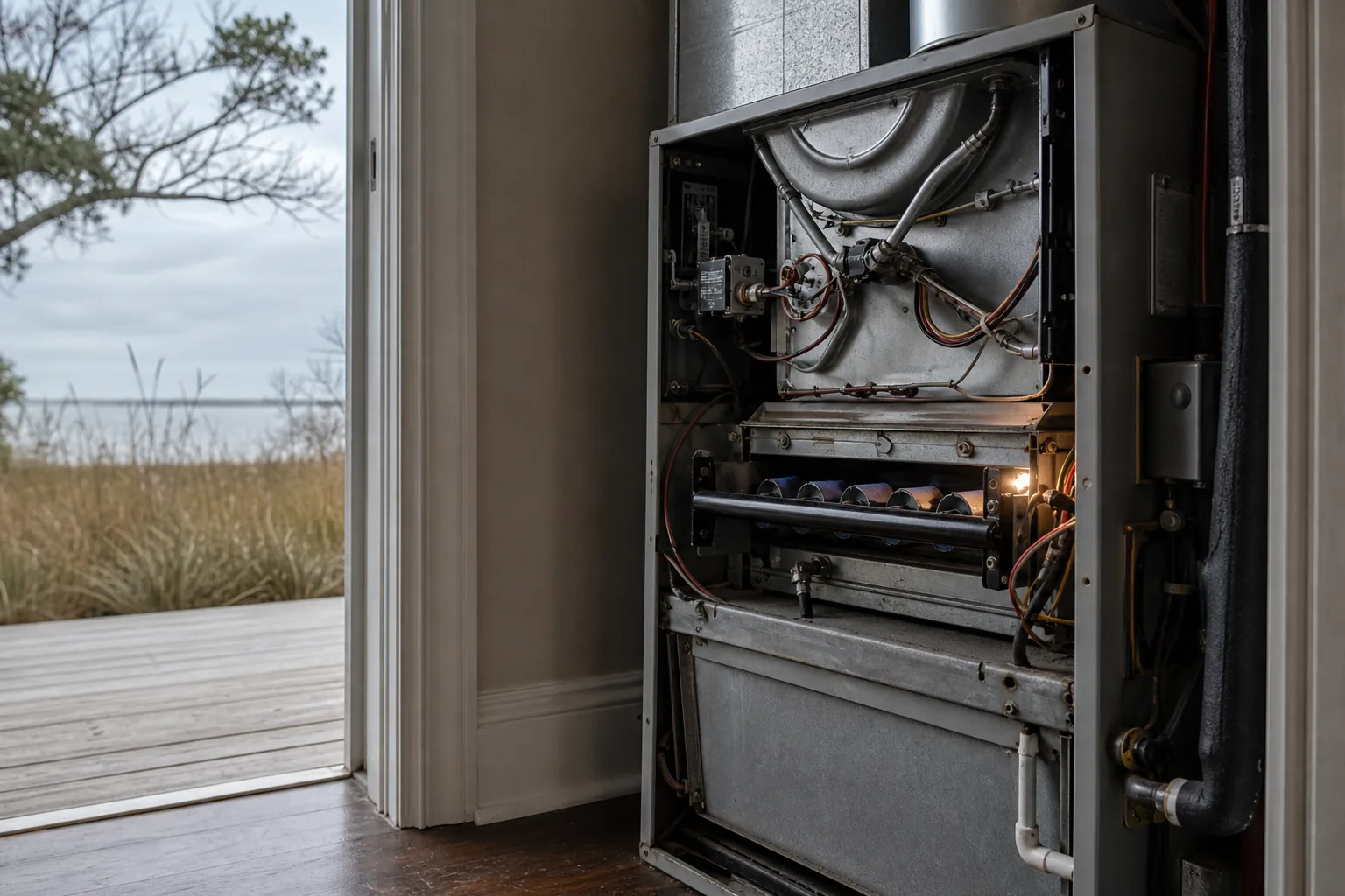 Air Solutions technician inspecting an open residential gas furnace at a Gulf Shores, Alabama home, illustrating "Heat Out on a Cold Night? What to Do First"
