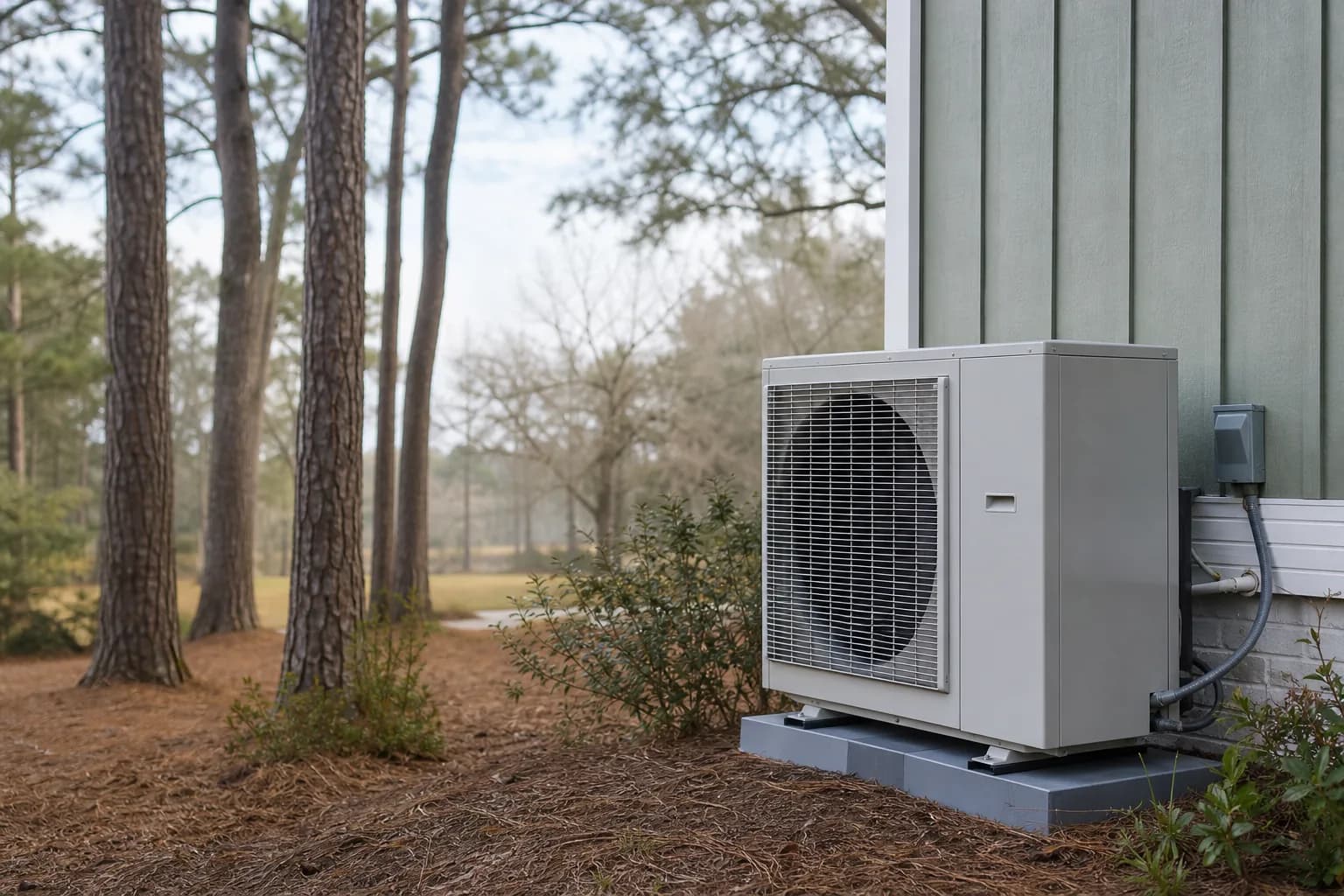 Air Solutions technician servicing an outdoor heat-pump unit at a Magnolia Springs, Alabama home, illustrating "Understanding Your Heat Pump's Defrost Cycle: A Winter Guide"