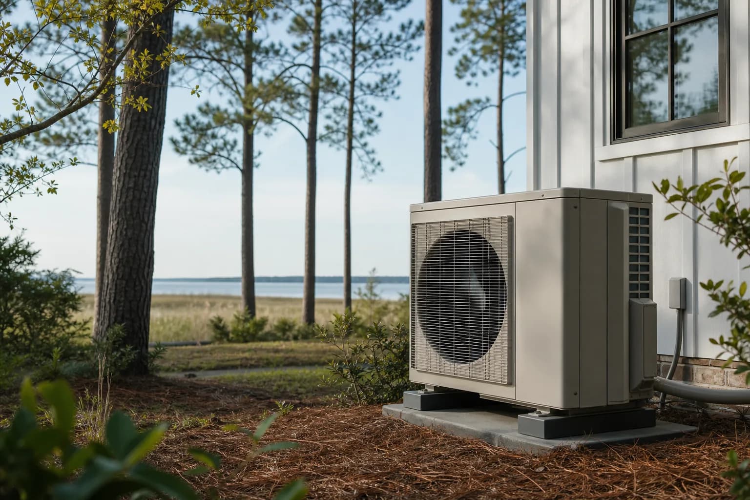 Air Solutions technician servicing an outdoor heat-pump unit at a Fort Morgan, Alabama home, illustrating "Heat Pump Spring Tune-Up: What Owners Should Schedule and Why"