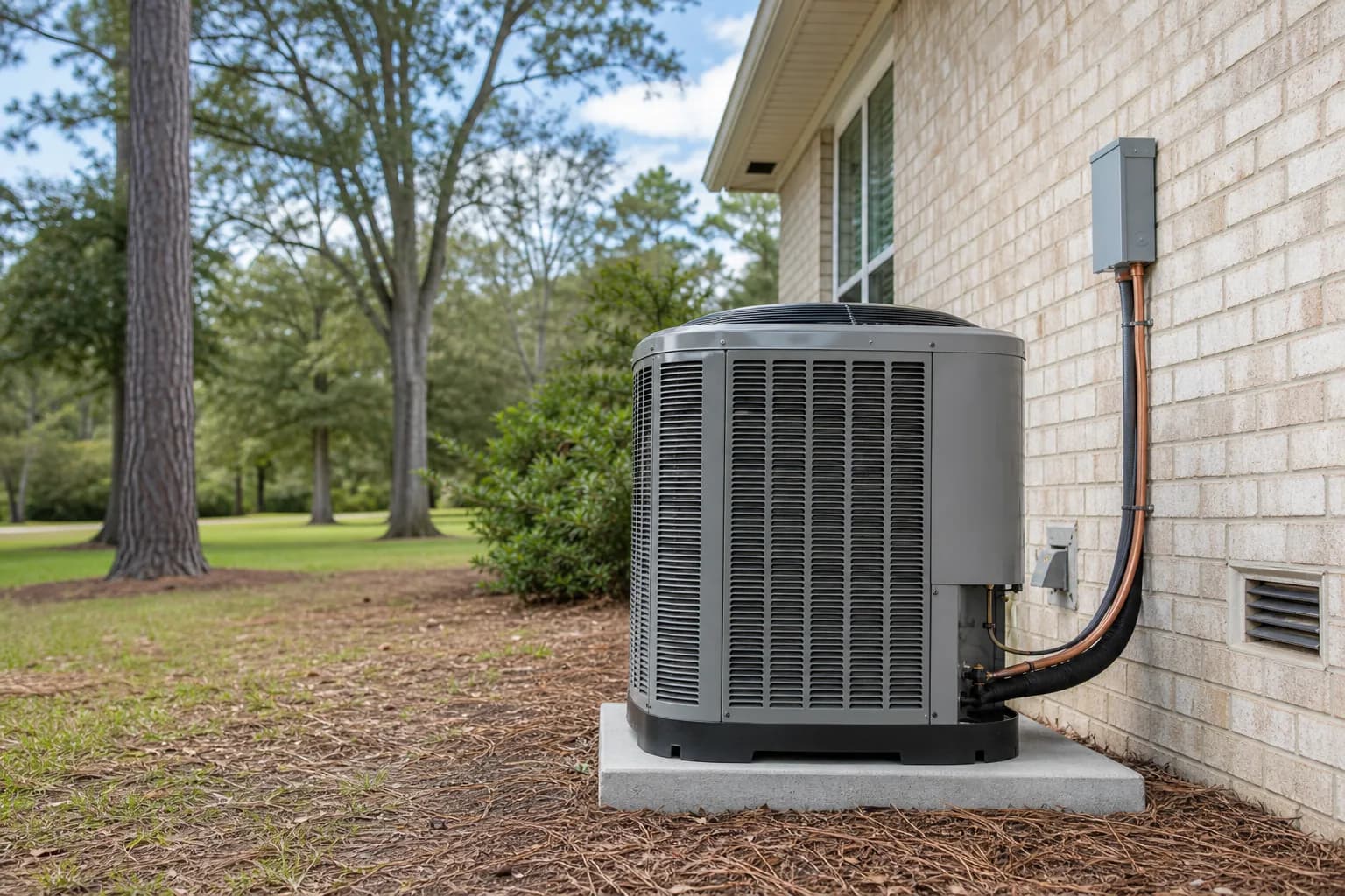 Air Solutions technician setting a new outdoor AC condenser on its pad at a Daphne, Alabama home, illustrating "Heat Pump vs. Gas Furnace in Coast Alabama: Which Is Right for Your Home?"
