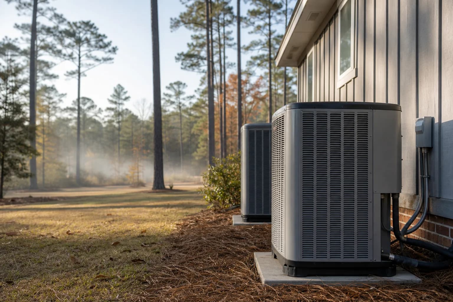 Air Solutions technician servicing an outdoor heat-pump unit at a Foley, Alabama home, illustrating "Heat Pump or Gas Furnace? Sorting the 2026 Tradeoffs"