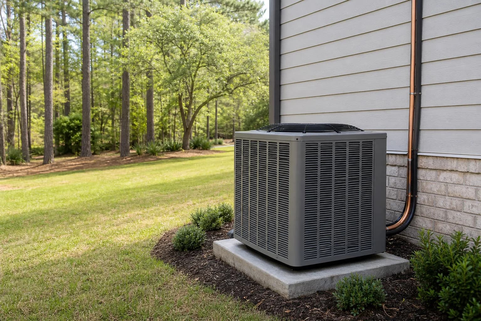 Air Solutions technician setting a new outdoor AC condenser on its pad at a Bay Minette, Alabama home, illustrating "How Long Does AC Installation Take? Day-by-Day Timeline"
