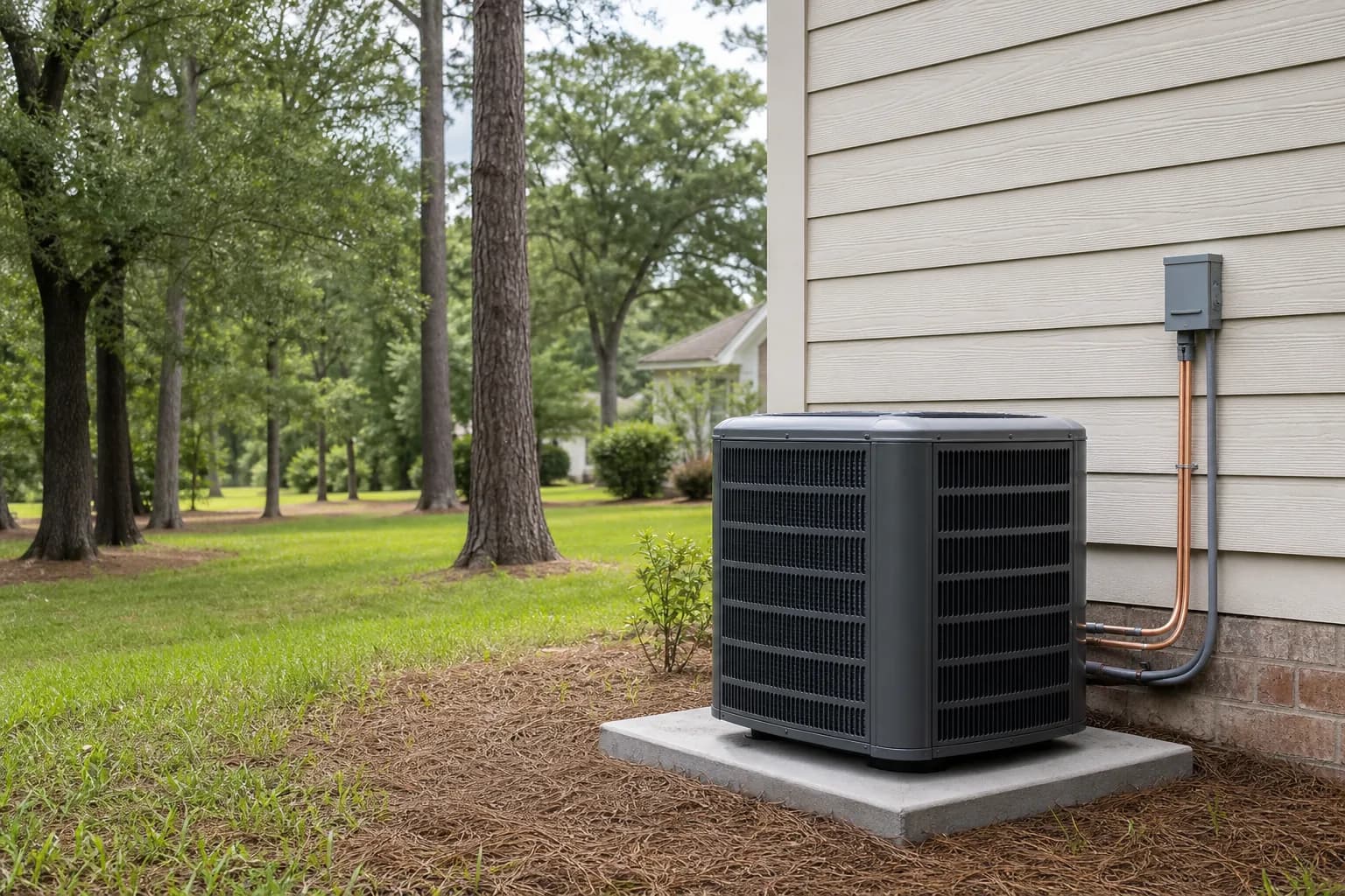Air Solutions technician setting a new outdoor AC condenser on its pad at a Daphne, Alabama home, illustrating "How Long Does AC Installation Take?"