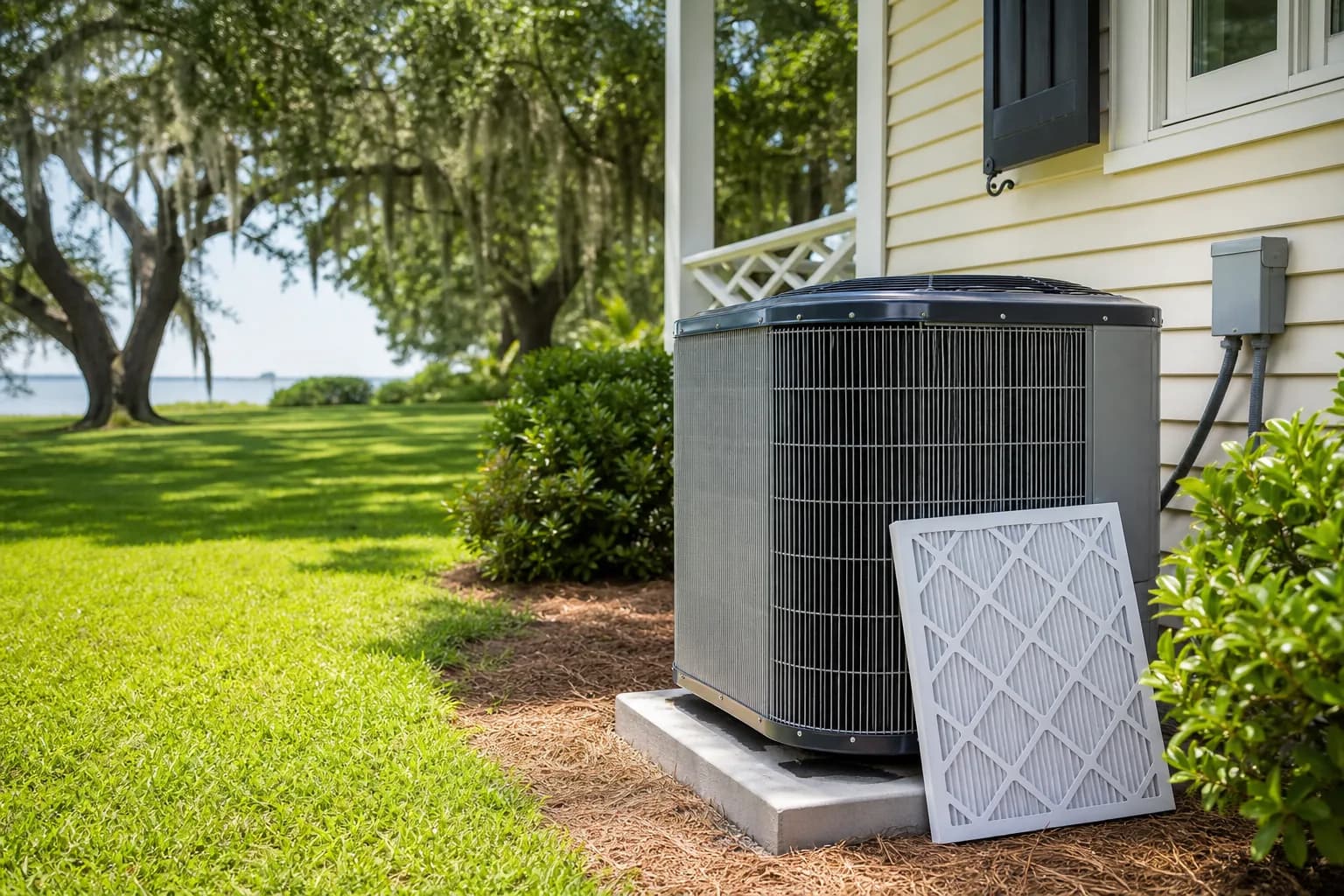 A homeowner sliding a pleated 1-inch air filter into a return grille inside a Spanish Fort home