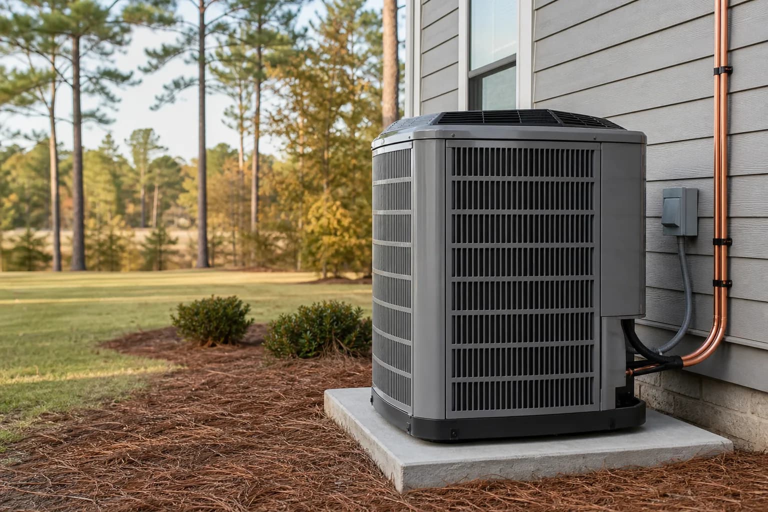 Air Solutions technician setting a new outdoor AC condenser on its pad at a Bay Minette, Alabama home, illustrating "How Often to Replace Your AC: Useful Life by System Type"