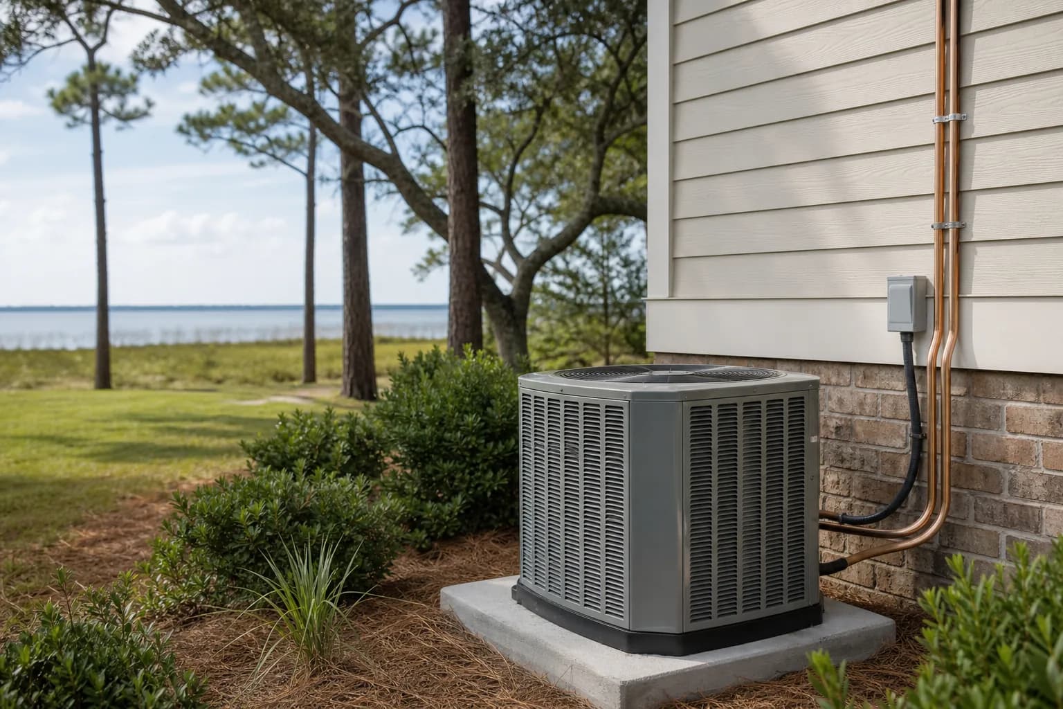 Air Solutions technician setting a new outdoor AC condenser on its pad at a Orange Beach, Alabama home, illustrating "How to Choose a Licensed HVAC Contractor: Red Flags to Avoid"