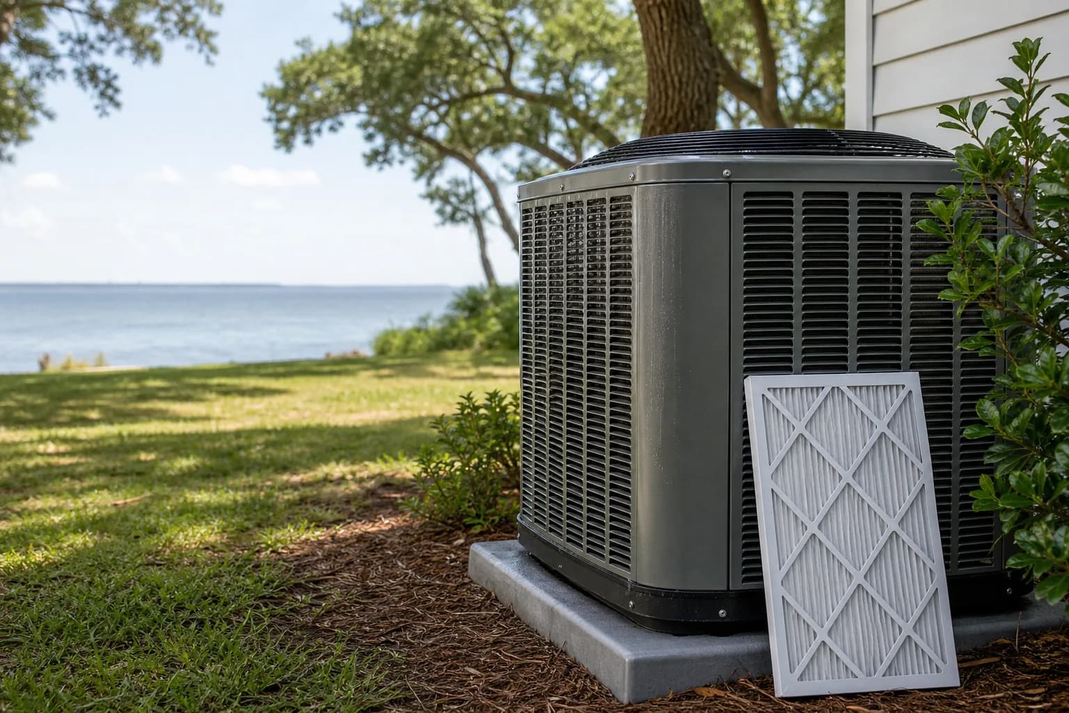 Outdoor AC condenser strapped down beside a Spanish Fort home with storm clouds gathering over Mobile Bay in the background.
