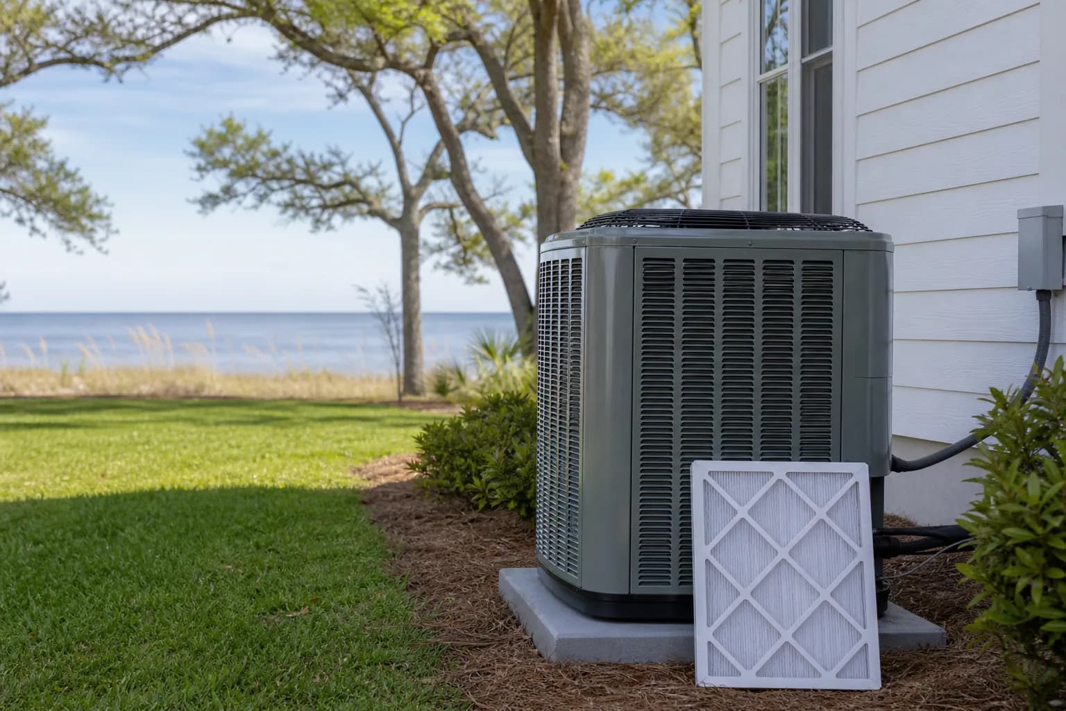 Air Solutions technician tuning up a residential AC condenser at a Orange Beach, Alabama home, illustrating "How to Run Your AC for the First Time in Spring: An Sequence"