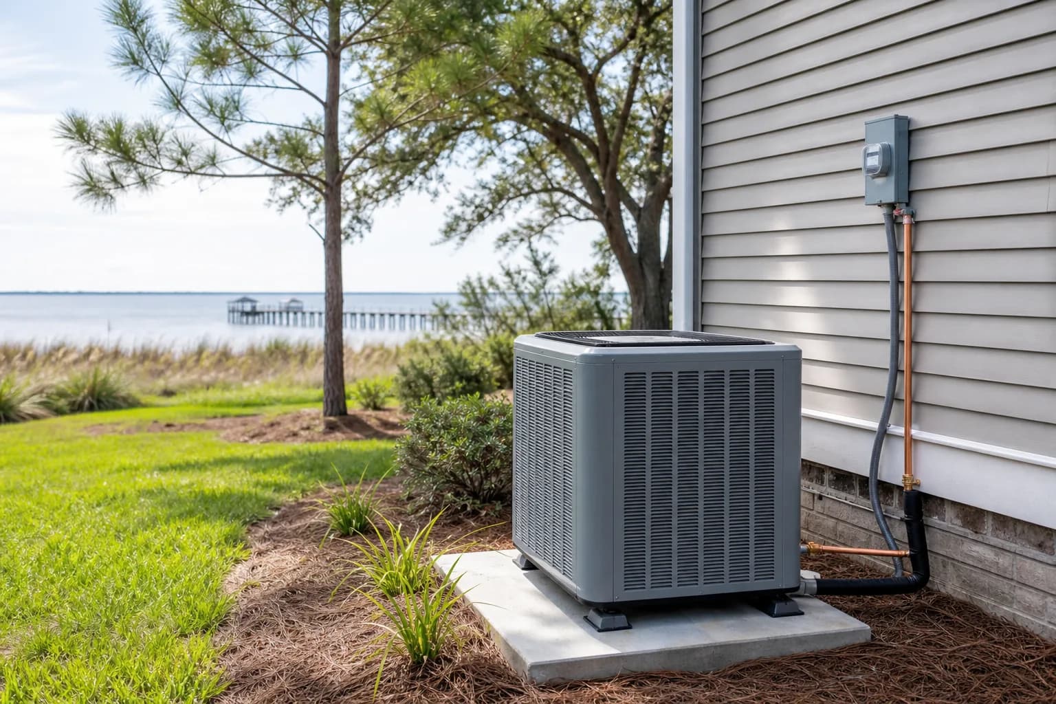 Air Solutions technician setting a new outdoor AC condenser on its pad at a Gulf Shores, Alabama home, illustrating "Hurricane Insurance & HVAC Damage Claims: What Baldwin County Homeowners Need to Know"