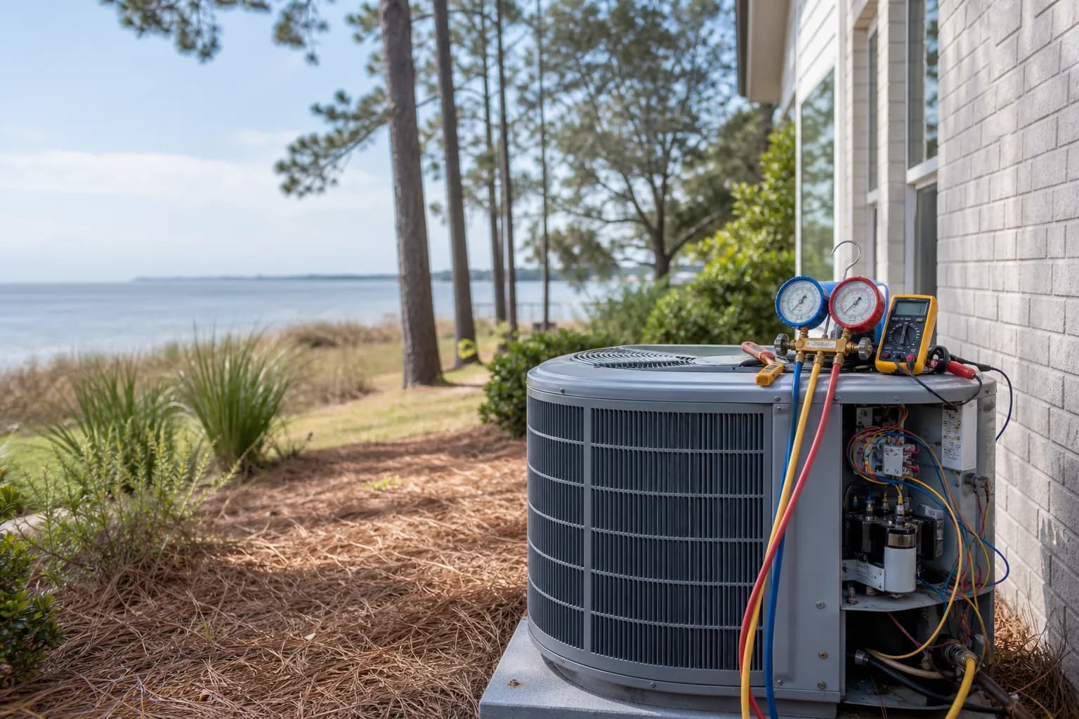Air Solutions technician diagnosing a residential air-conditioning condenser at a Gulf Shores, Alabama home, illustrating "Hurricane Prep for Your HVAC: A Gulf Coast Homeowner's Guide"