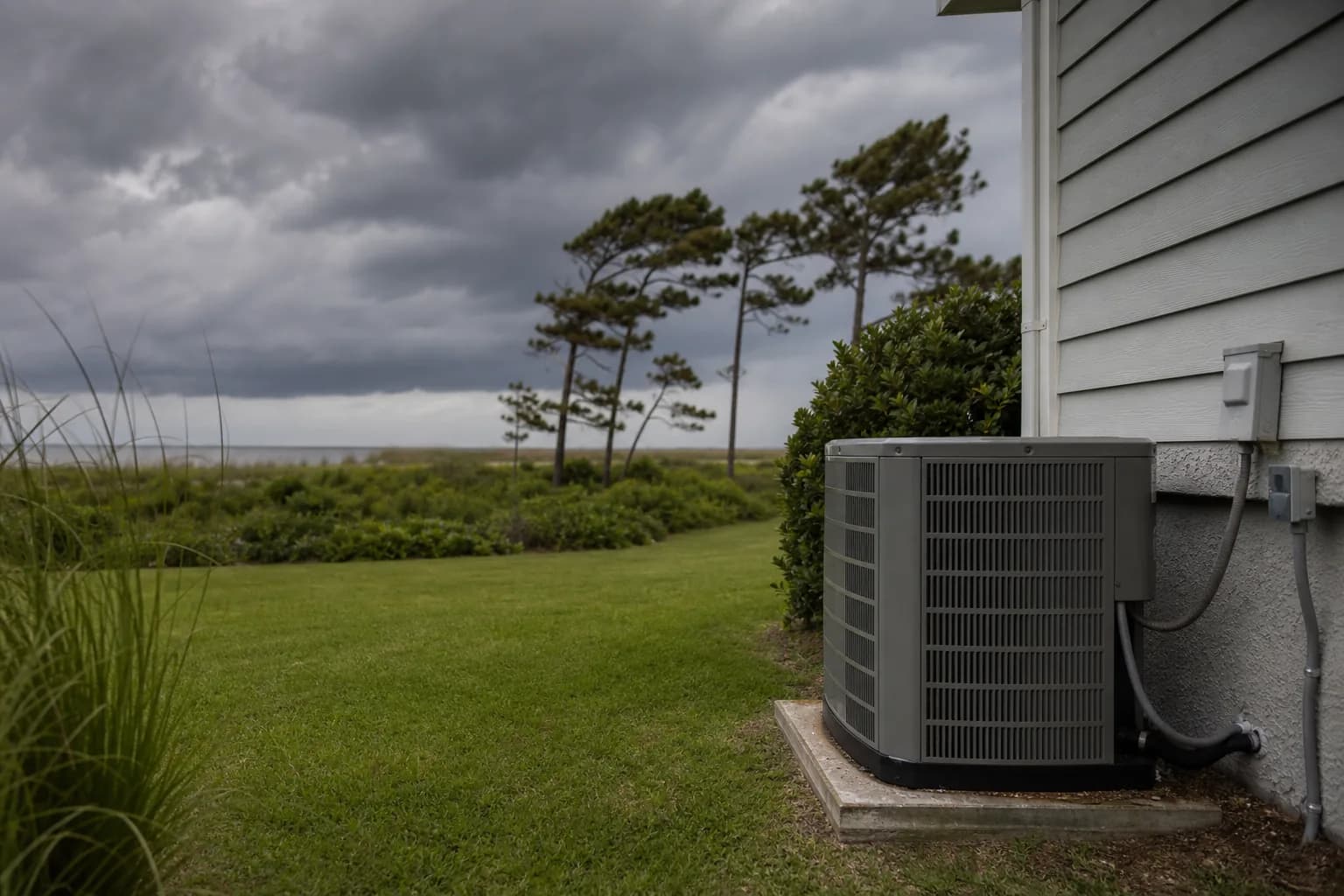 Air Solutions technician responding to an after-hours HVAC failure at a Gulf Shores, Alabama home, illustrating "Hurricane-Proofing Your HVAC in South Alabama"