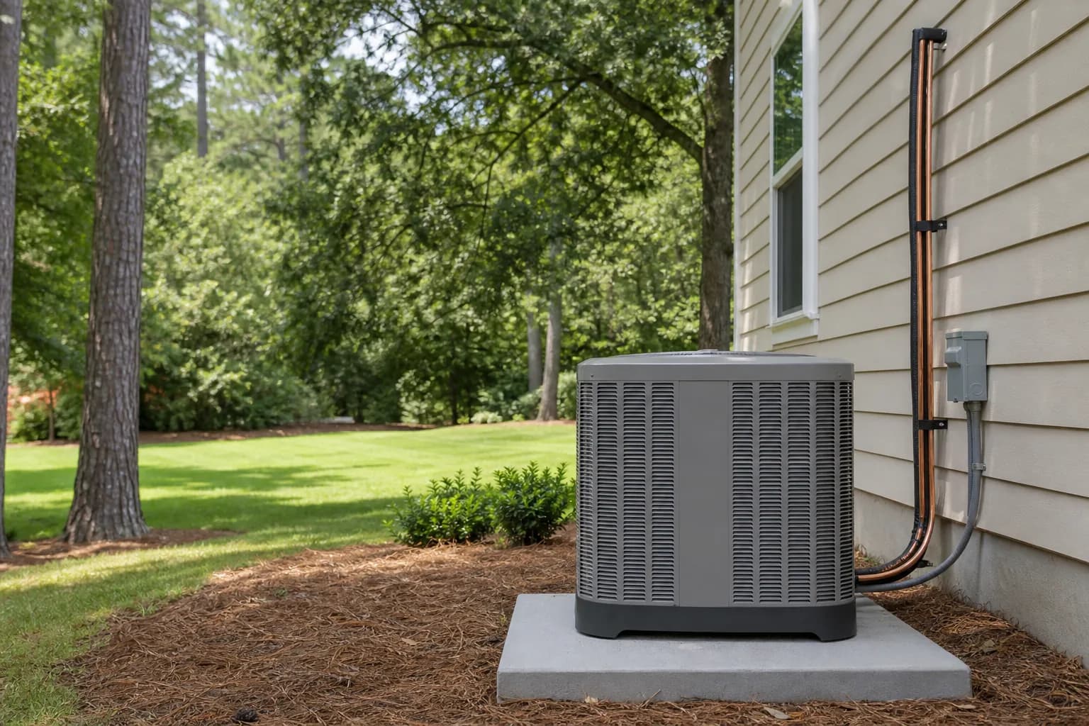 Spanish Fort homeowner reviewing a utility rebate form on a kitchen table with a new heat pump system installed outside the window.