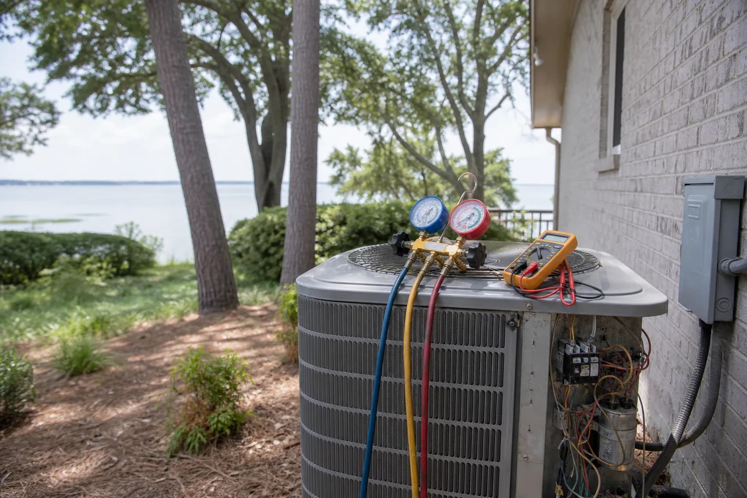 Air Solutions technician diagnosing a residential air-conditioning condenser at a Daphne, Alabama home, illustrating "HVAC Surge Protection: Why Coast Lightning Makes It Essenti"
