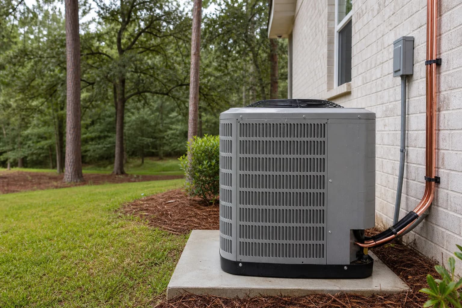 Air Solutions technician setting a new outdoor AC condenser on its pad at a Daphne, Alabama home, illustrating "Indoor Air Quality on the Gulf Coast: Why Humidity Changes Everything"