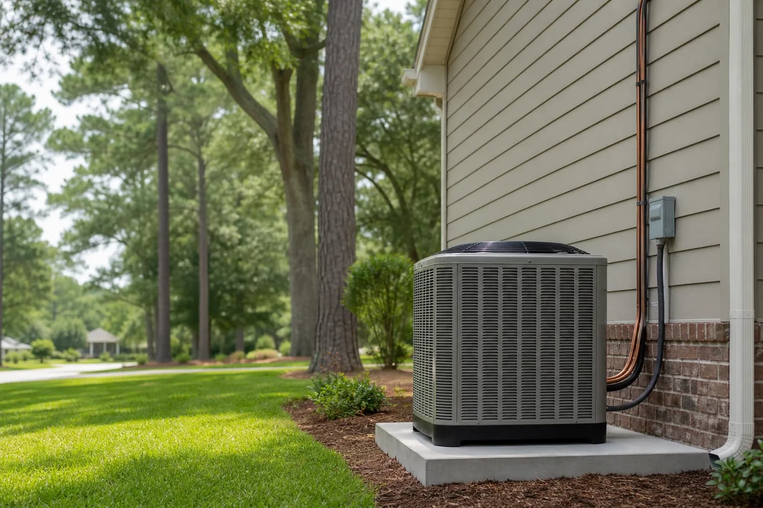 Air Solutions technician setting a new outdoor AC condenser on its pad at a Daphne, Alabama home, illustrating "Is It Time to Replace Your AC? 7 Signs Homes"